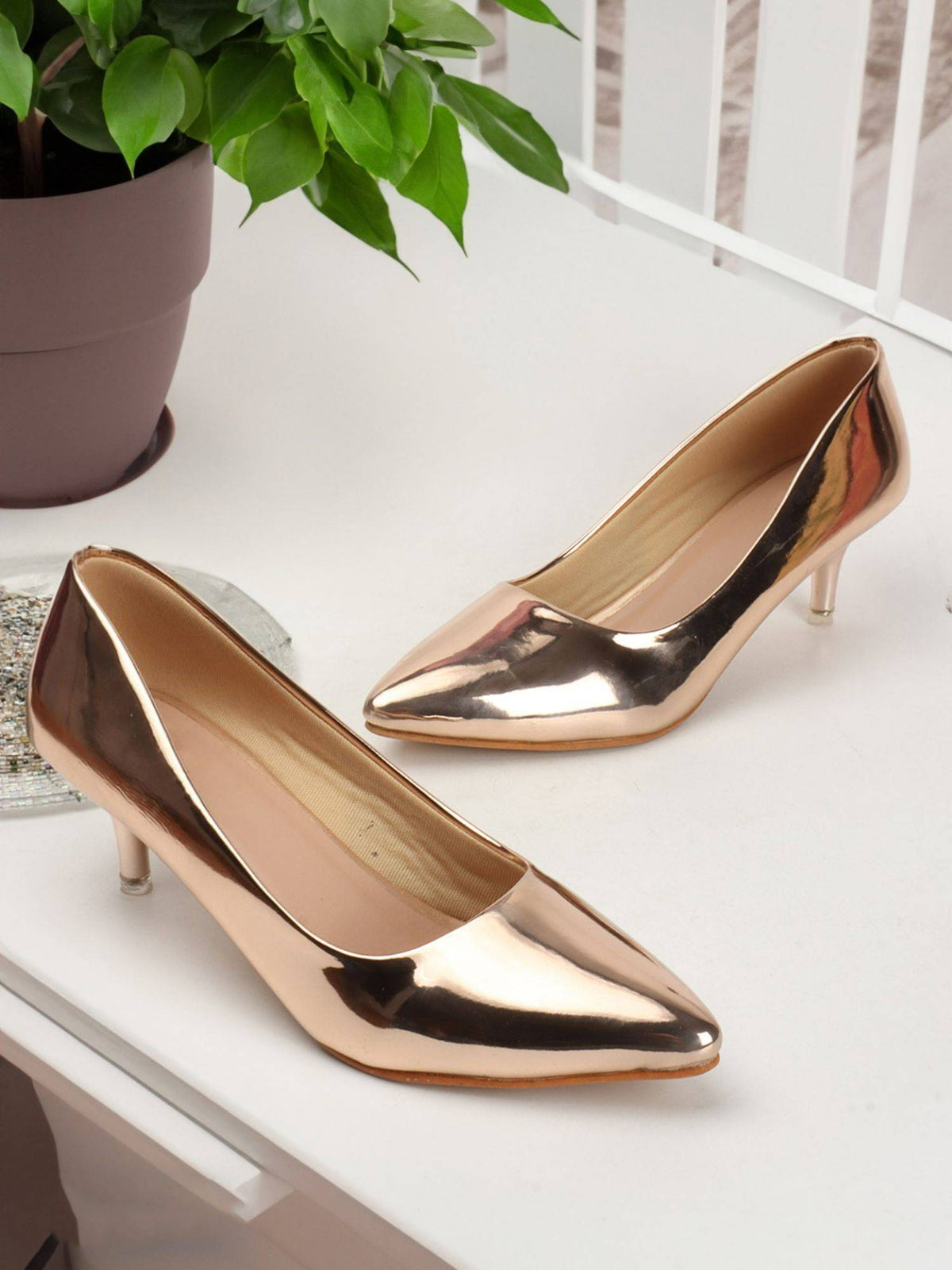 Rose Gold Solid Women Kitten Pumps | H78 - view 3