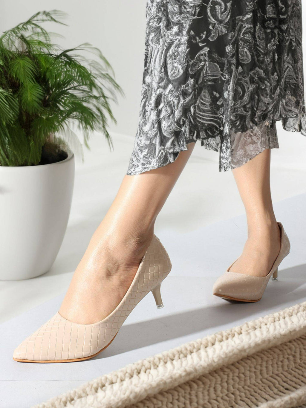 Beige Textured Women Kitten Pumps | H78 - view 2