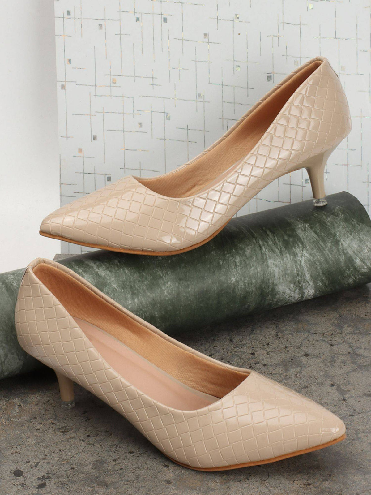 Beige Textured Women Kitten Pumps | H78 - view 3