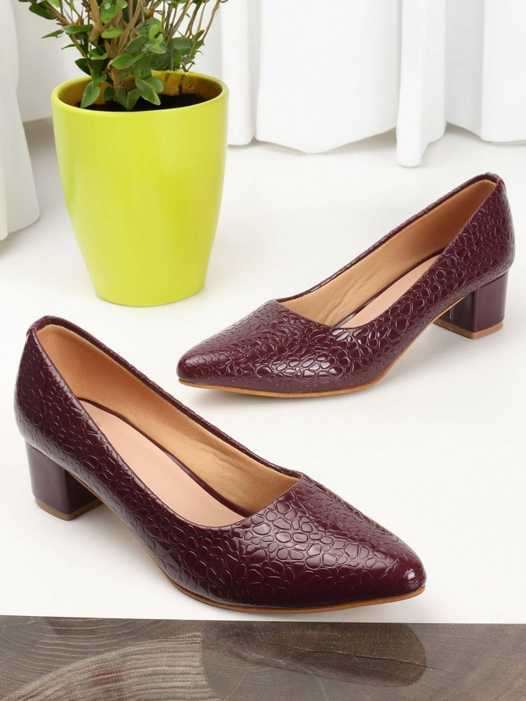 Wine Textured Women Block Pumps | H78 - view 3