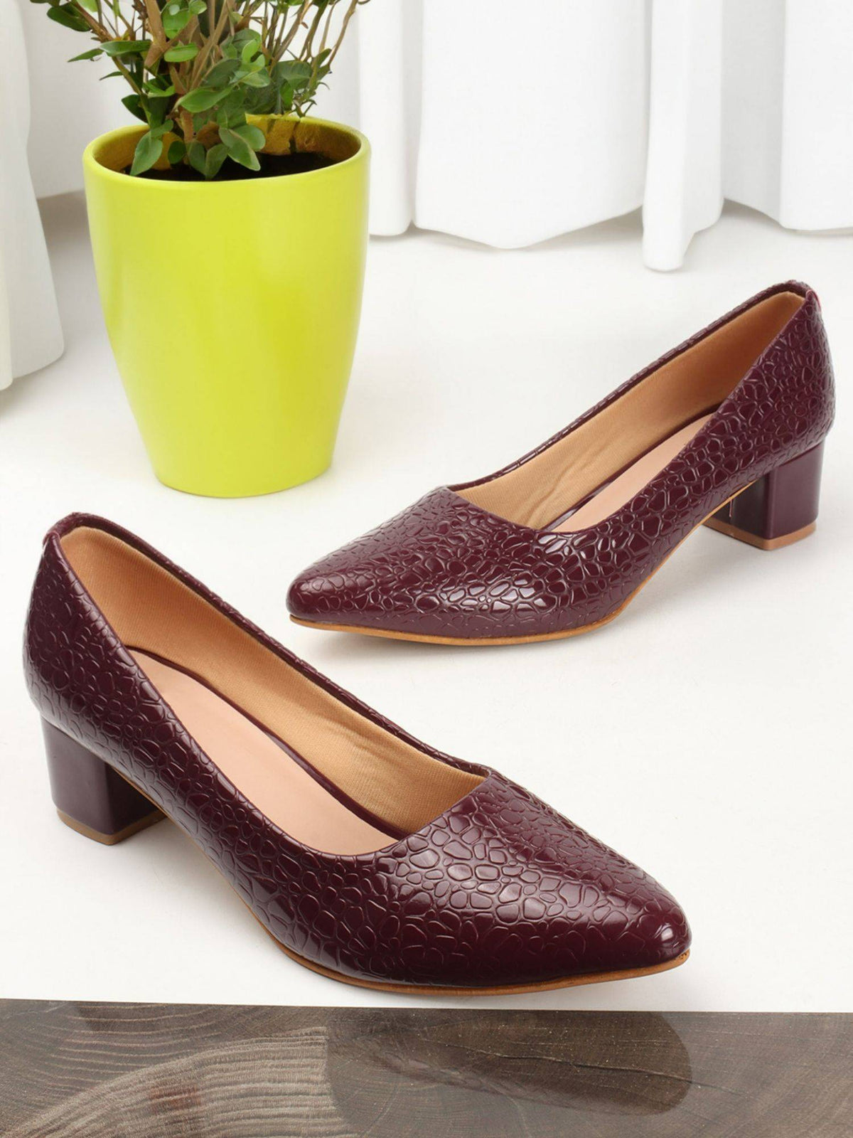 Wine Textured Women Block Pumps | H78 - view 3