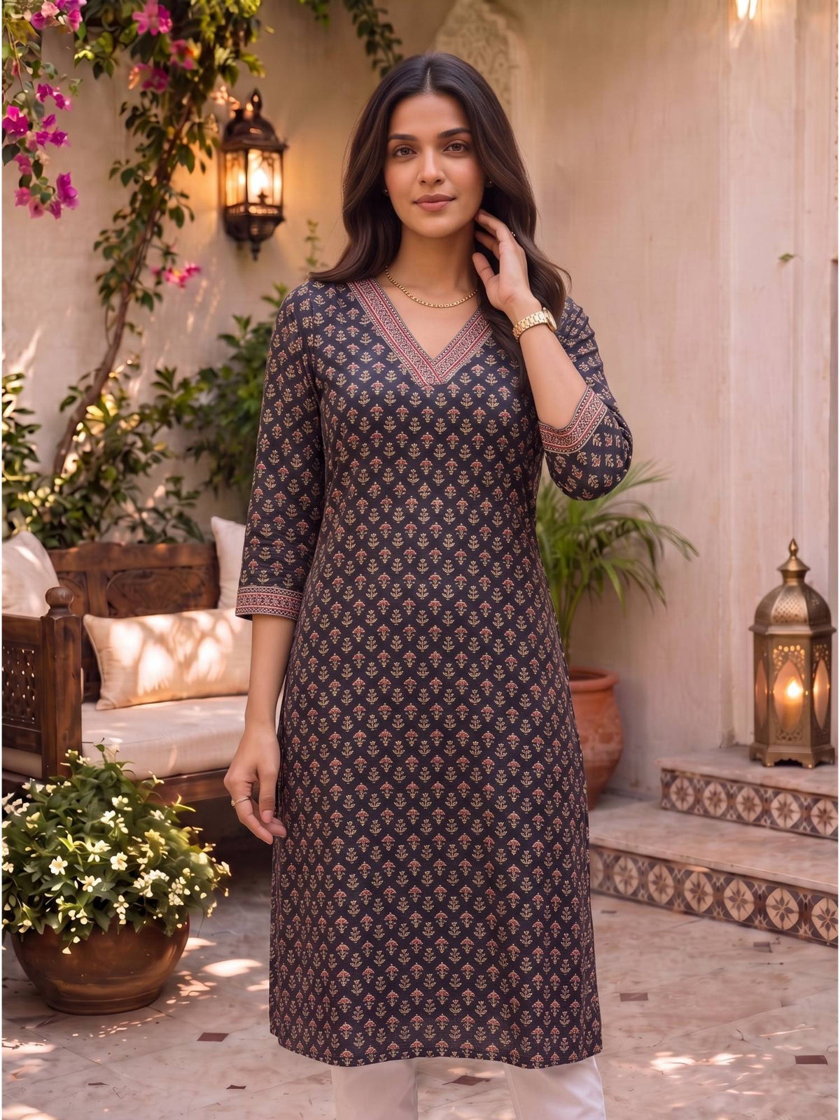 Women Navy Blue Rayon Embroidered Straight Kurta | FY93 - view 1
