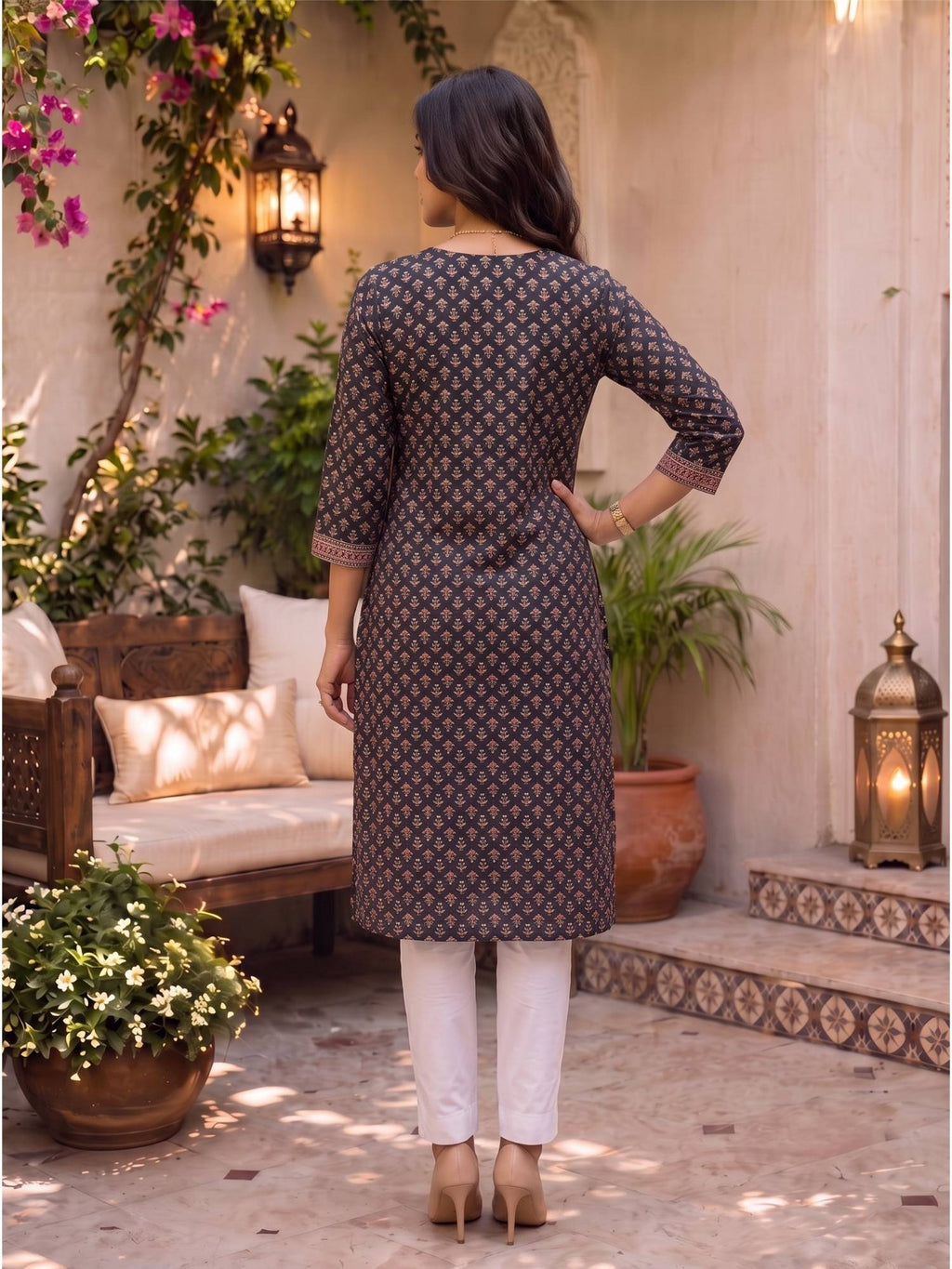 Women Navy Blue Rayon Embroidered Straight Kurta | FY93 - view 2