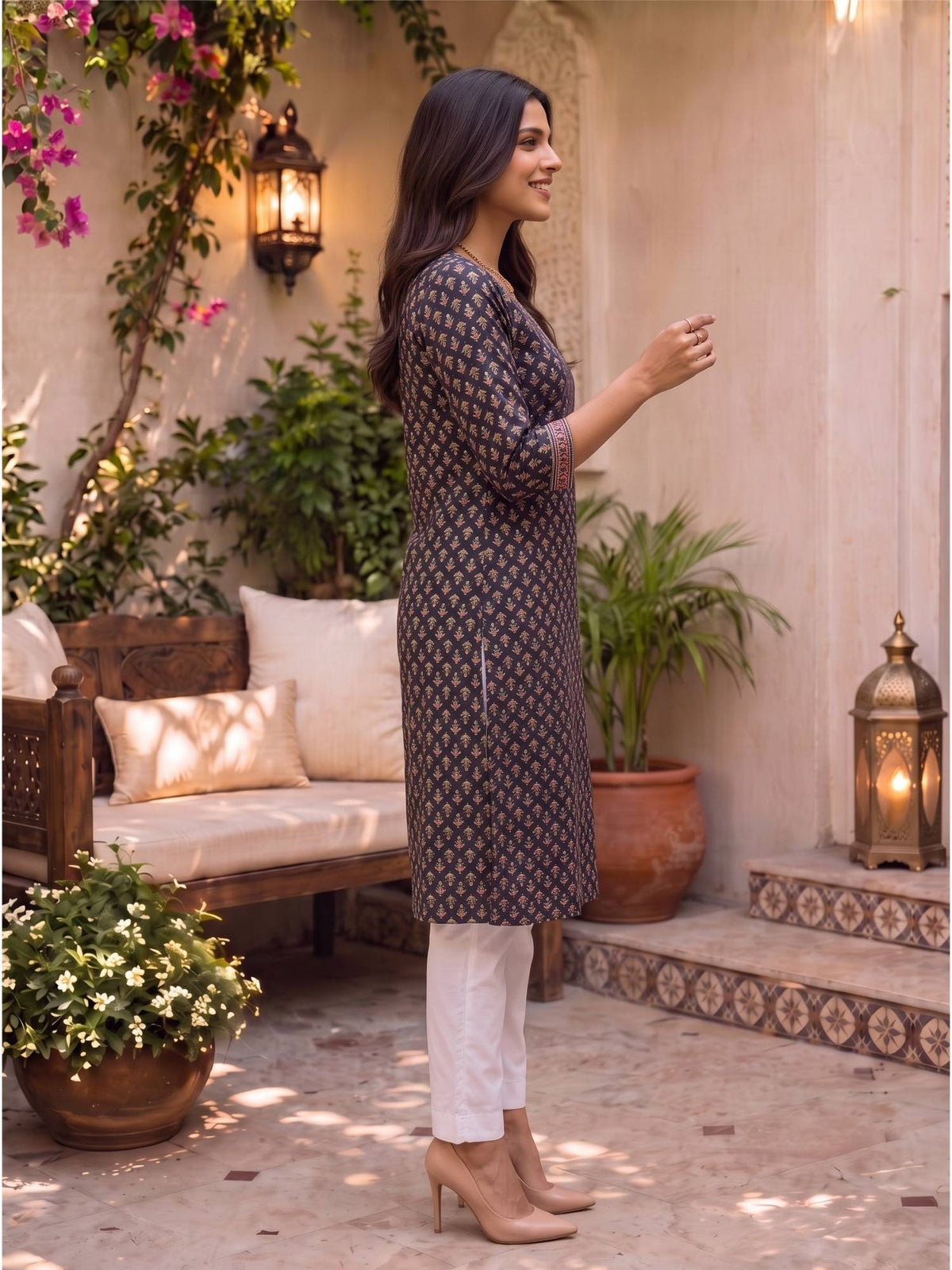 Women Navy Blue Rayon Embroidered Straight Kurta | FY93 - view 3