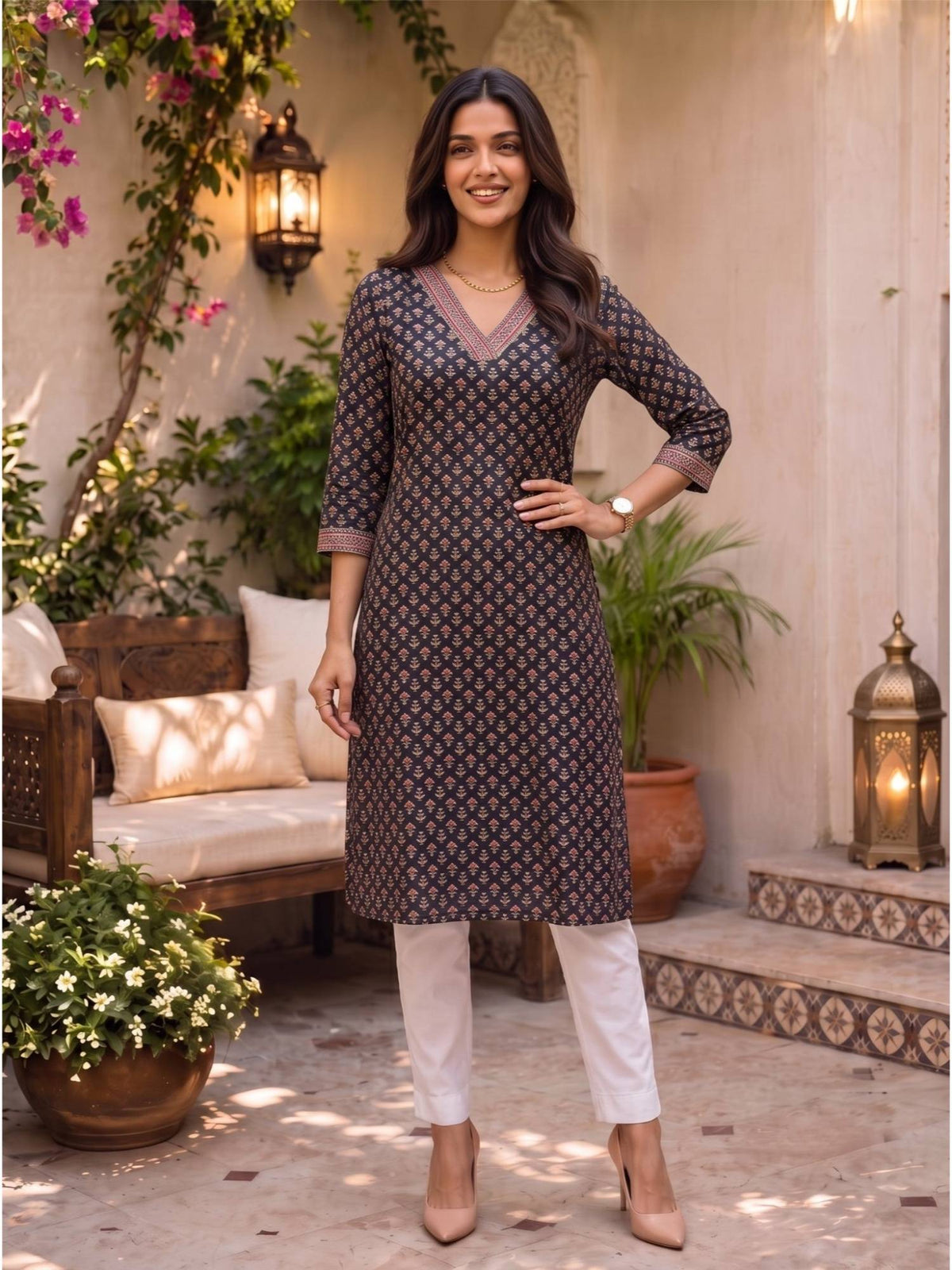 Women Navy Blue Rayon Embroidered Straight Kurta | KDG - view 5