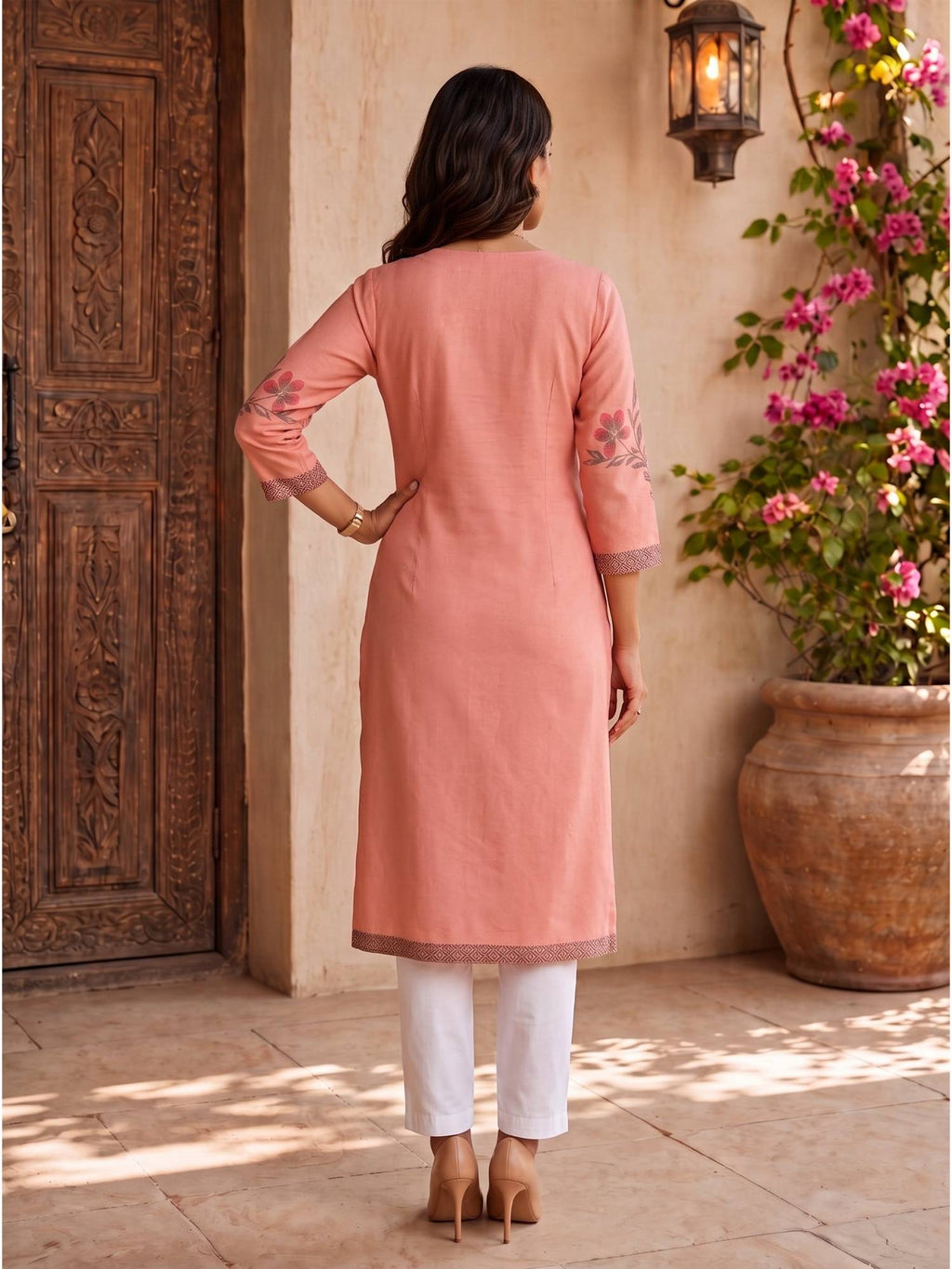 Women Peach Cotton Printed Straight Kurta | KDG - view 2