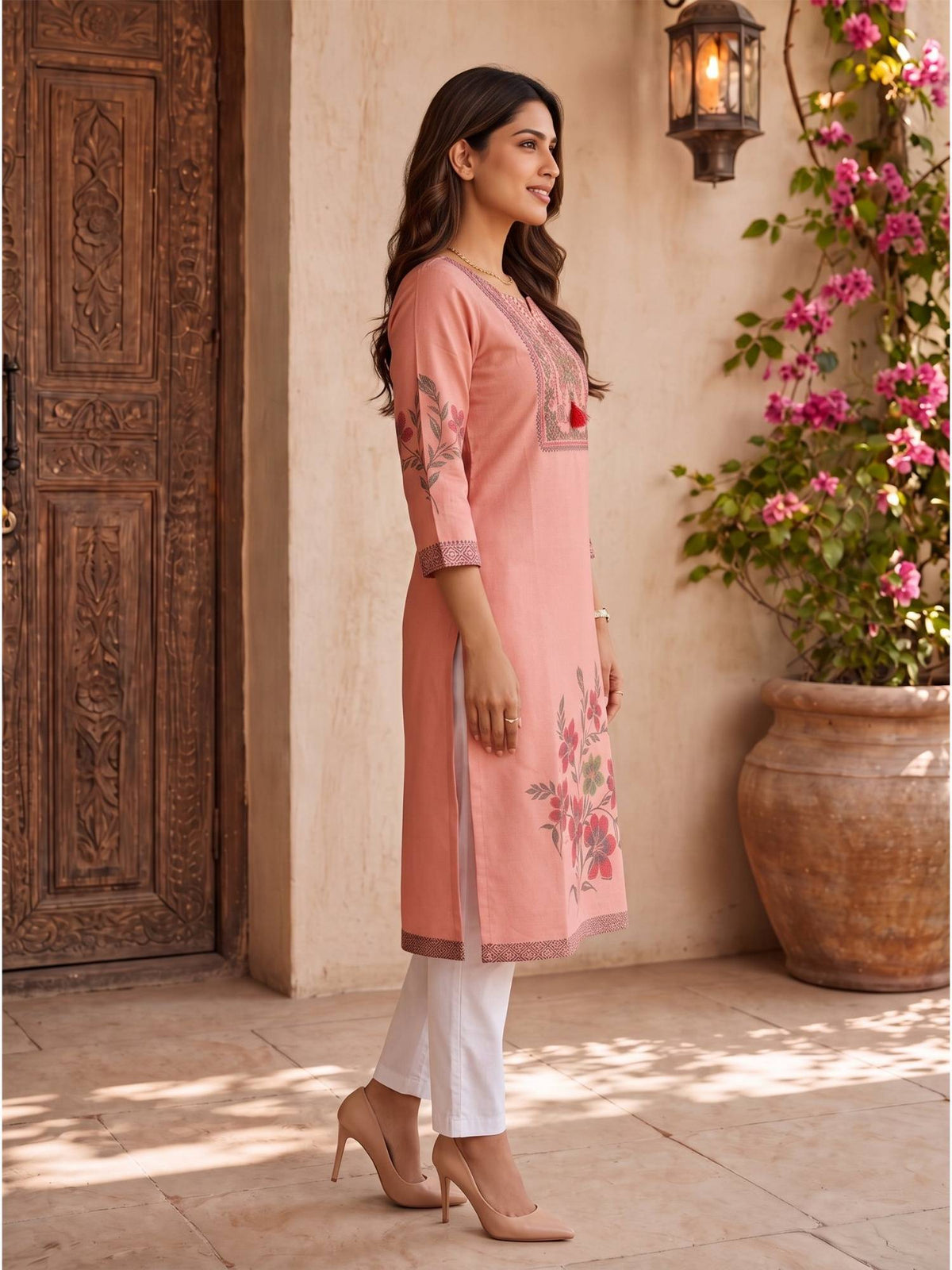 Women Peach Cotton Printed Straight Kurta | U3S - view 3