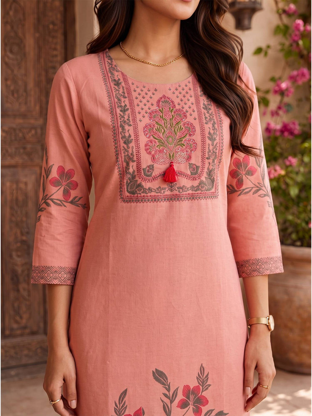 Women Peach Cotton Printed Straight Kurta | U3S - view 4
