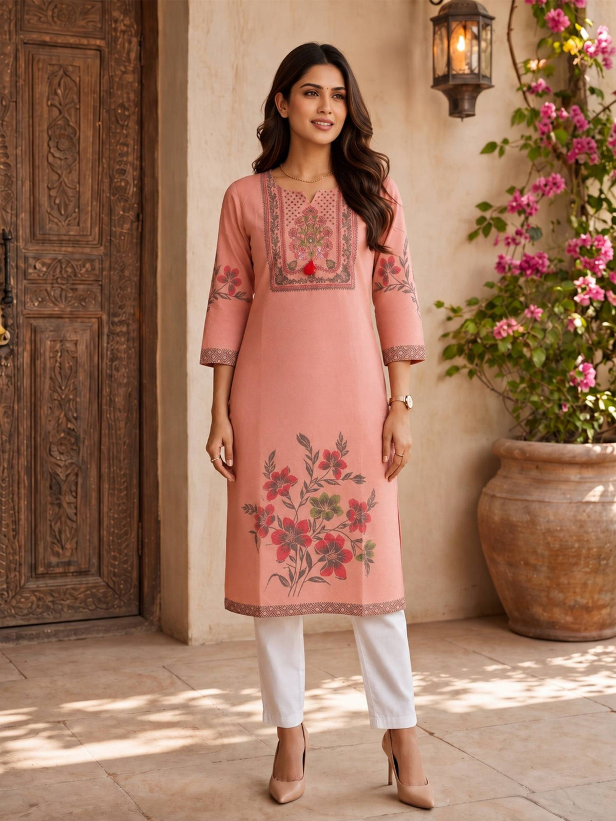Women Peach Cotton Printed Straight Kurta | KDG - view 5