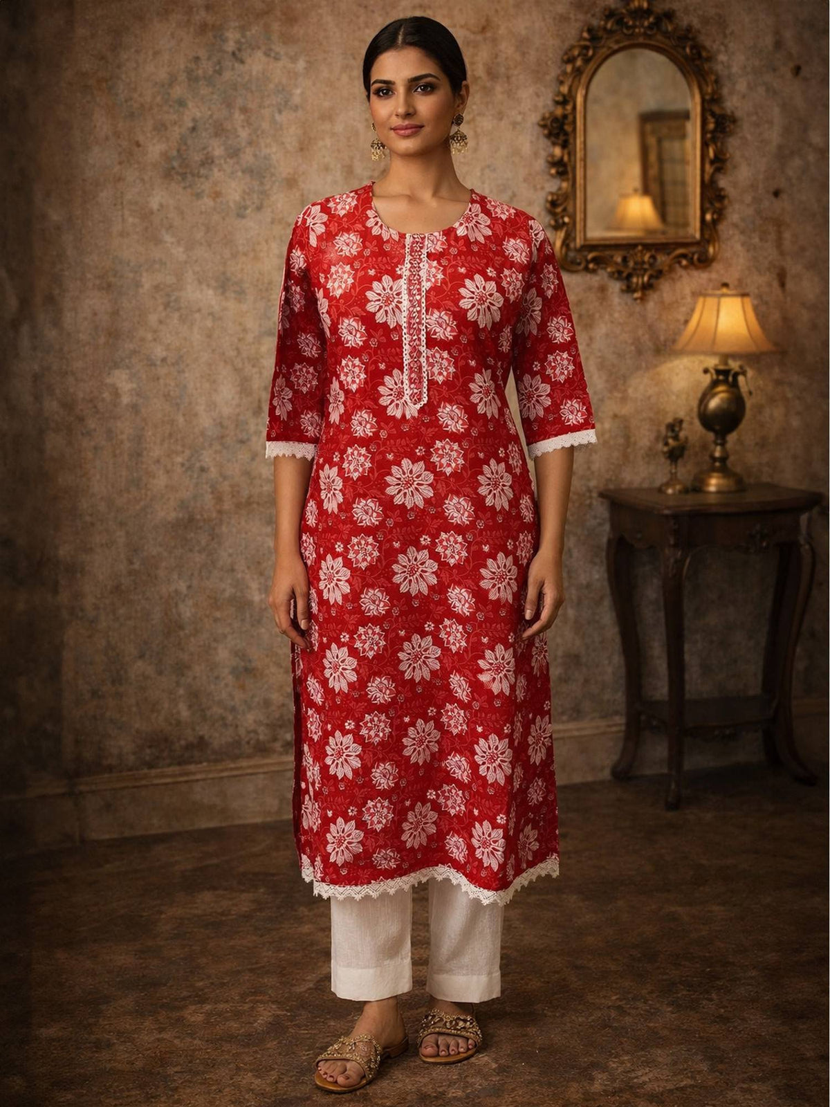 Women Blue Cotton Embroidered Straight Knee Length Kurta | KDG - view 5