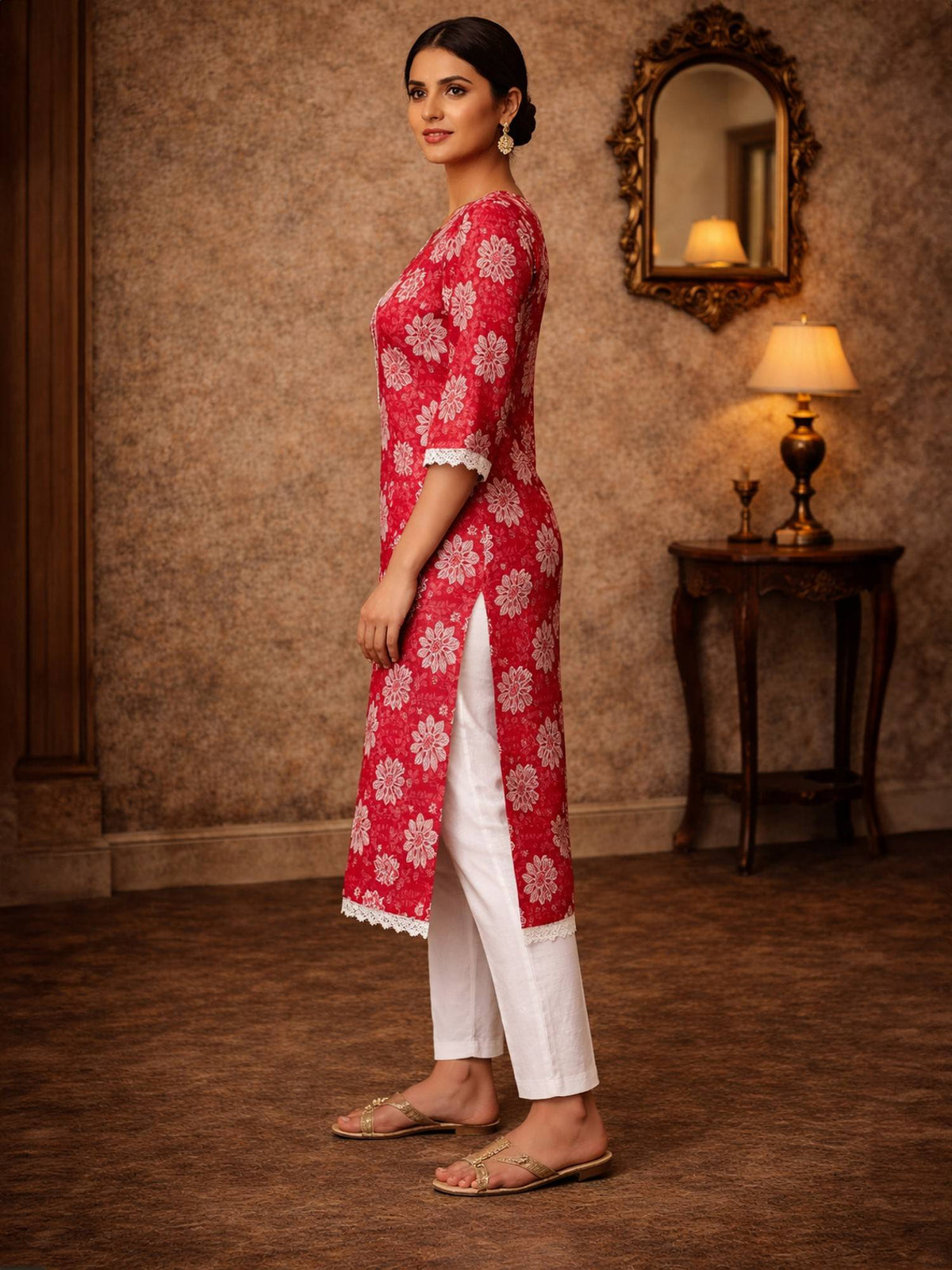 Women Blue Cotton Embroidered Straight Knee Length Kurta | FY93 - view 6