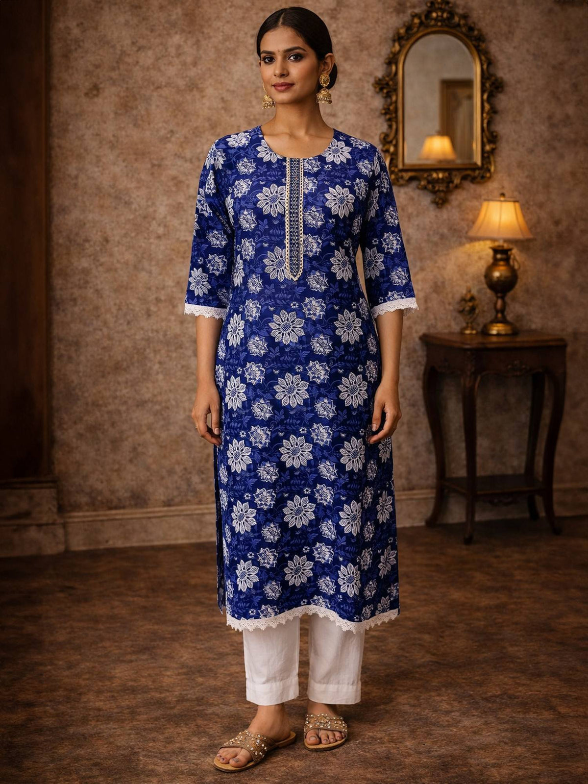 Women Blue Cotton Embroidered Straight Knee Length Kurta | KDG - view 1