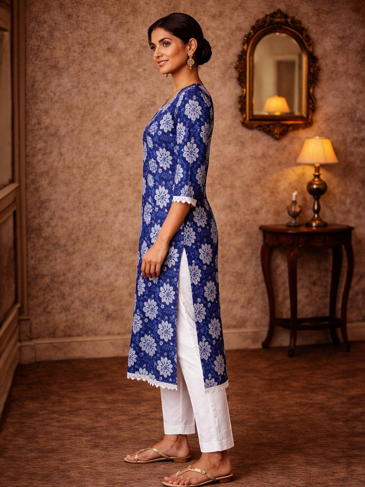 Women Blue Cotton Embroidered Straight Knee Length Kurta | FY93 - view 2