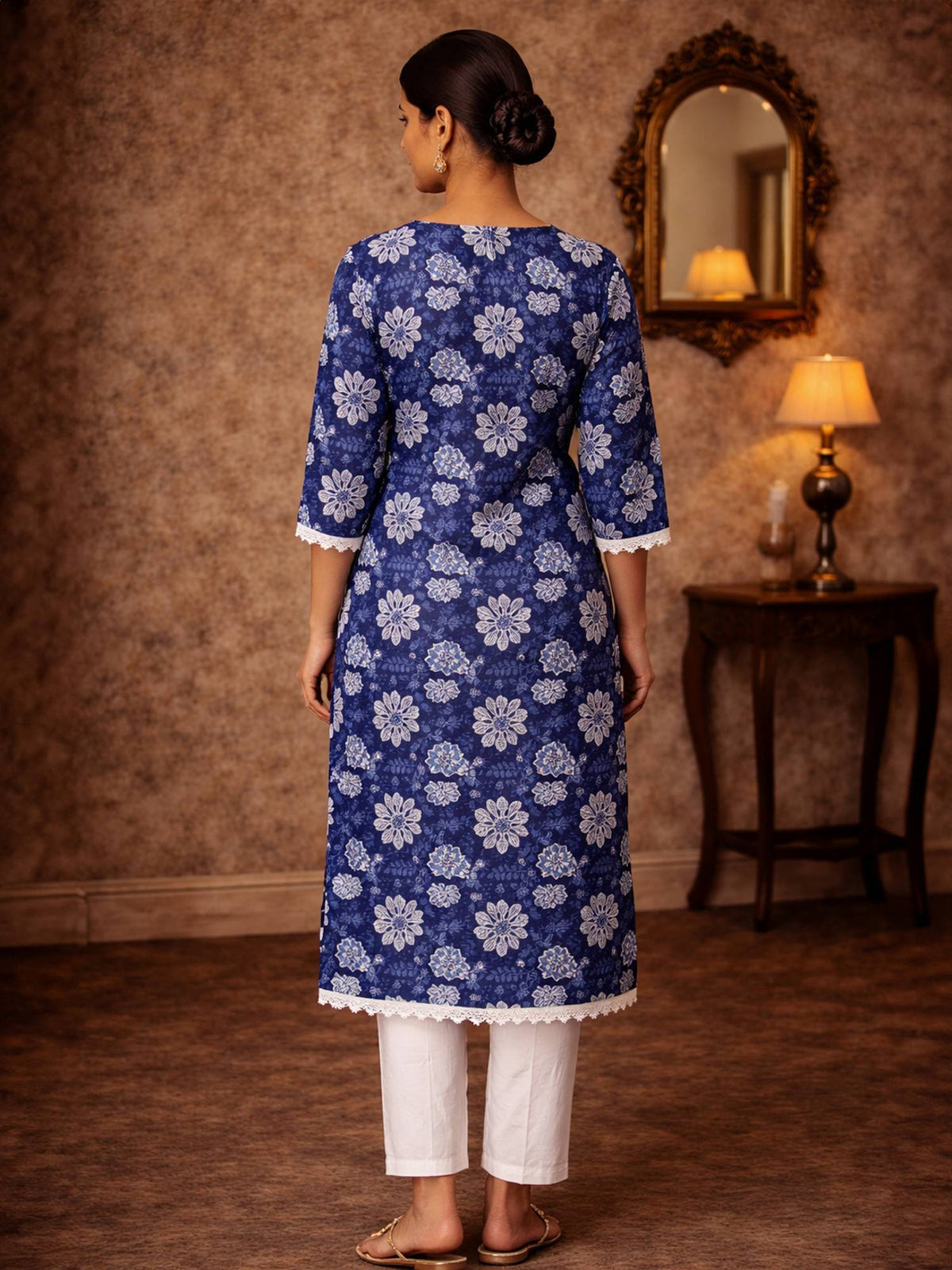 Women Blue Cotton Embroidered Straight Knee Length Kurta | KDG - view 4