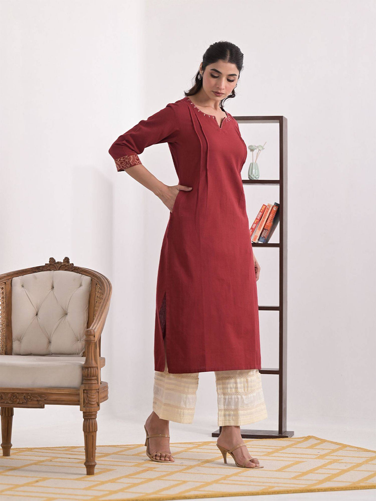 Red Solid Cotton Kurta | KDG - view 3