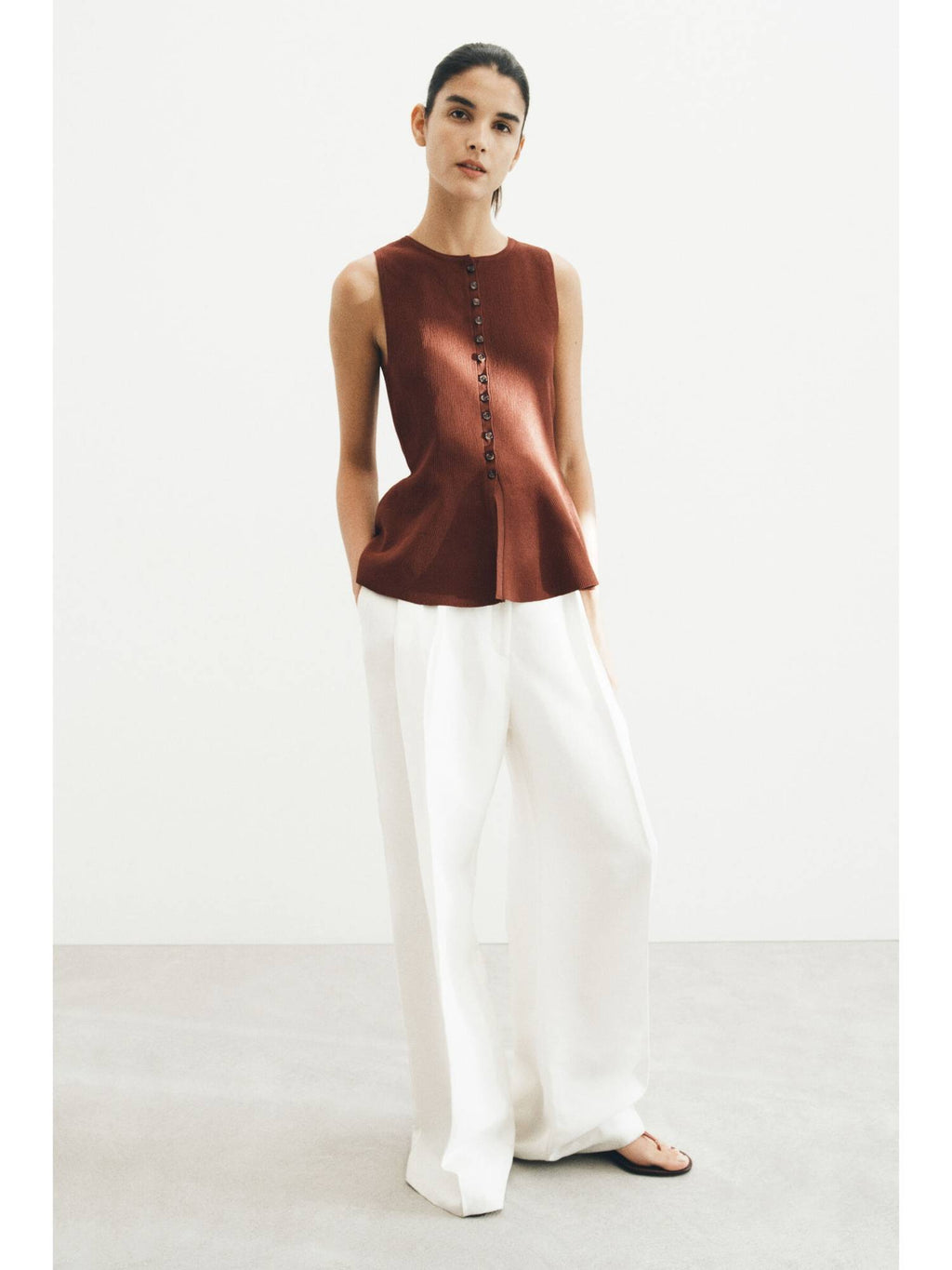 Women Brown Rib-Knit Peplum Waistcoat | pt51 - view 2
