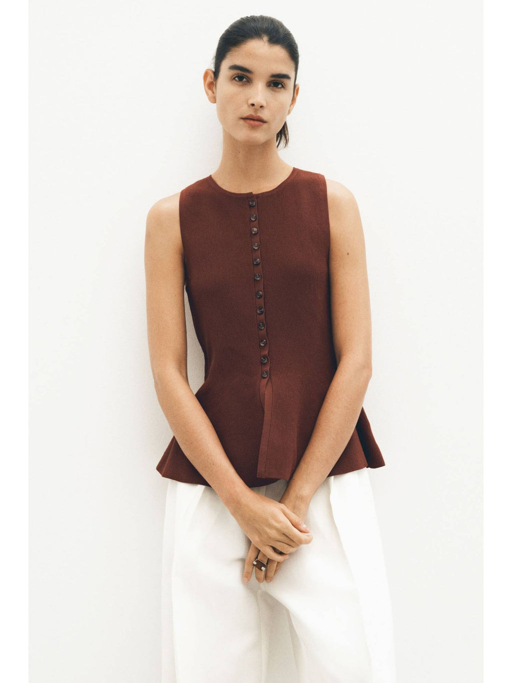 Women Brown Rib-Knit Peplum Waistcoat | pt51 - view 3