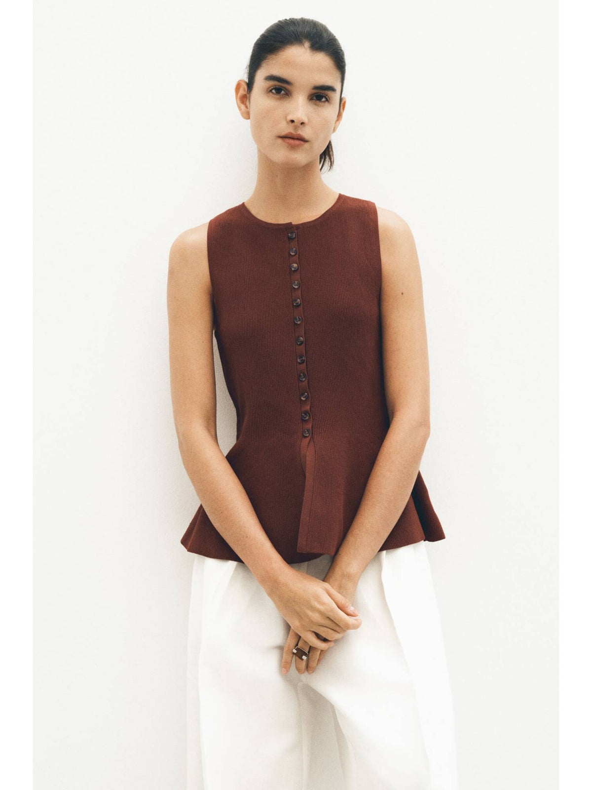 Women Brown Rib-Knit Peplum Waistcoat | pt51 - view 3
