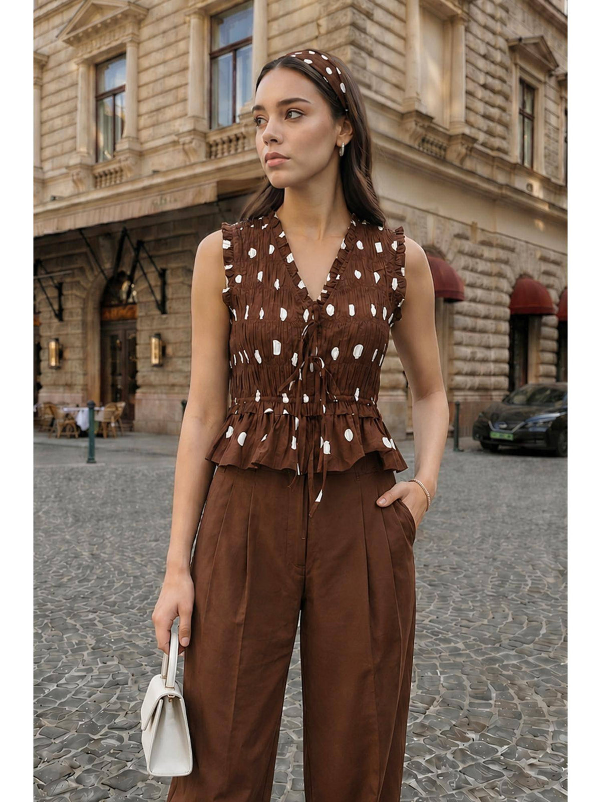 AEOY Brown Polka Peplum Top | pt51 - view 1