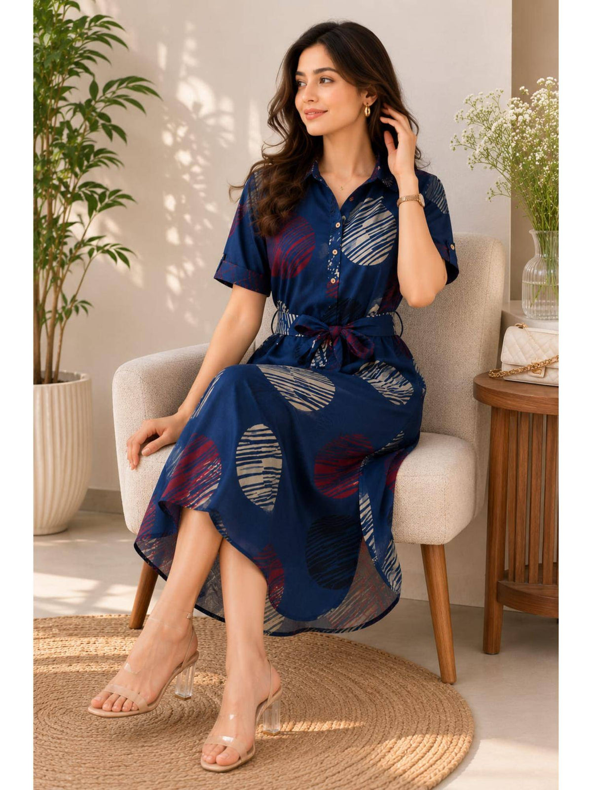 Women Navy Blue Printed Cotton Dress | D56 - view 5