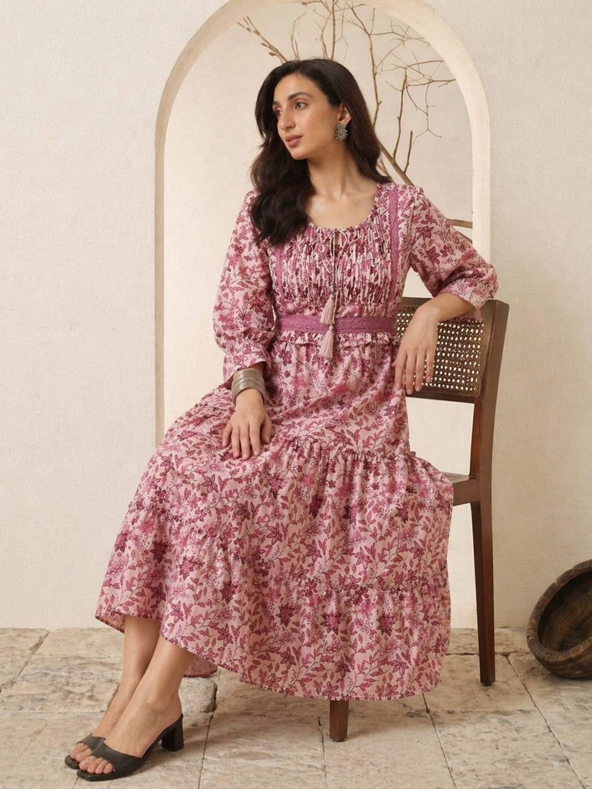 Women Pink Floral Viscose Rayon Dress | D56 - view 1
