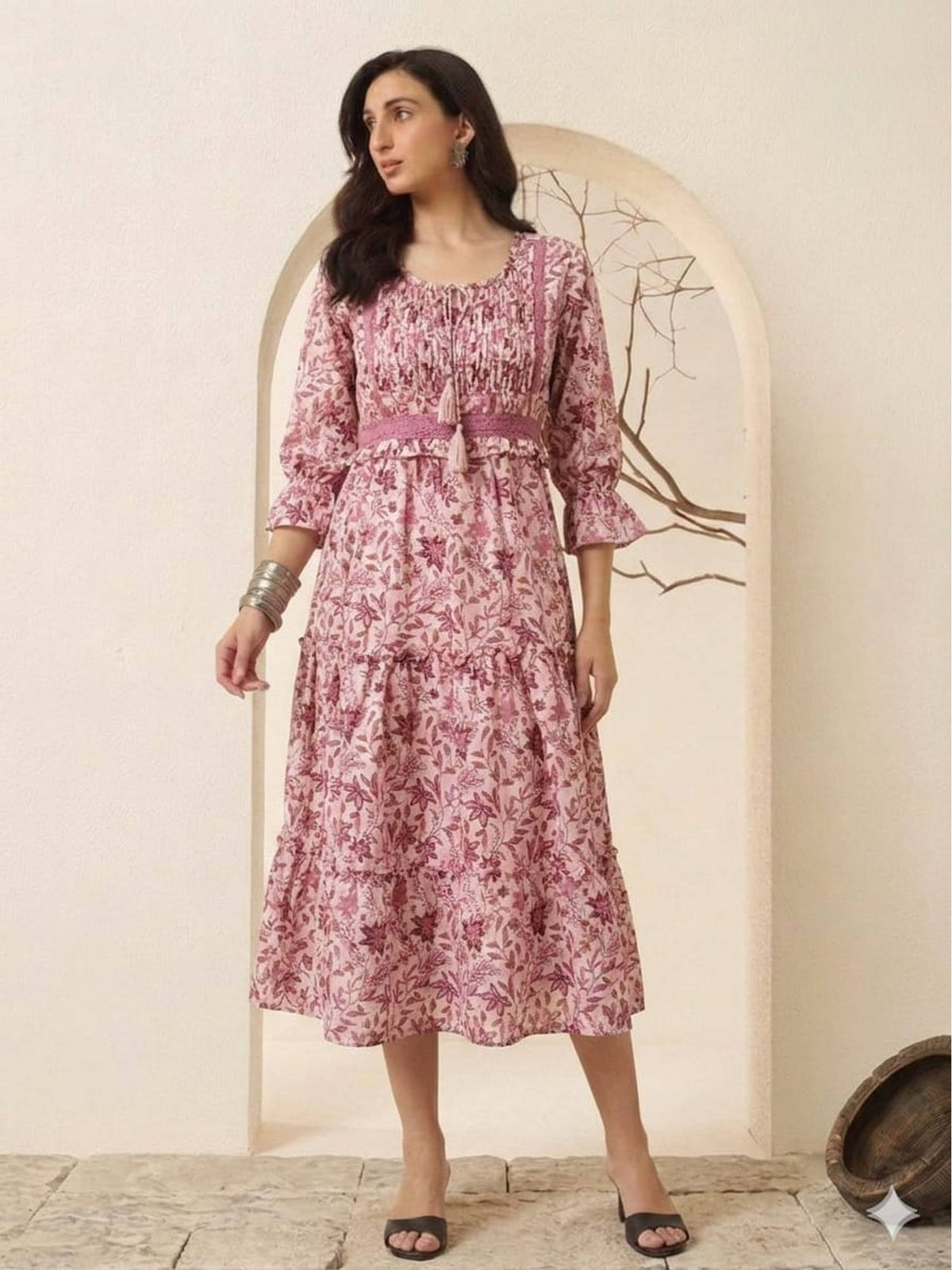 Women Pink Floral Viscose Rayon Dress | D56 - view 2