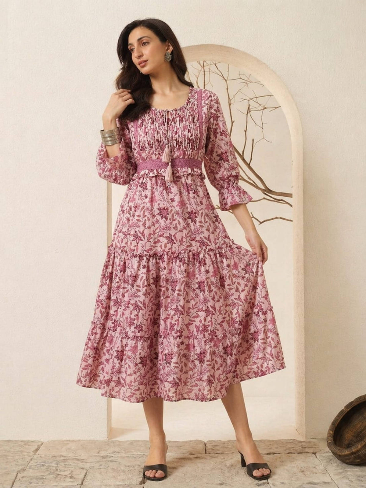 Women Pink Floral Viscose Rayon Dress | D56 - view 3
