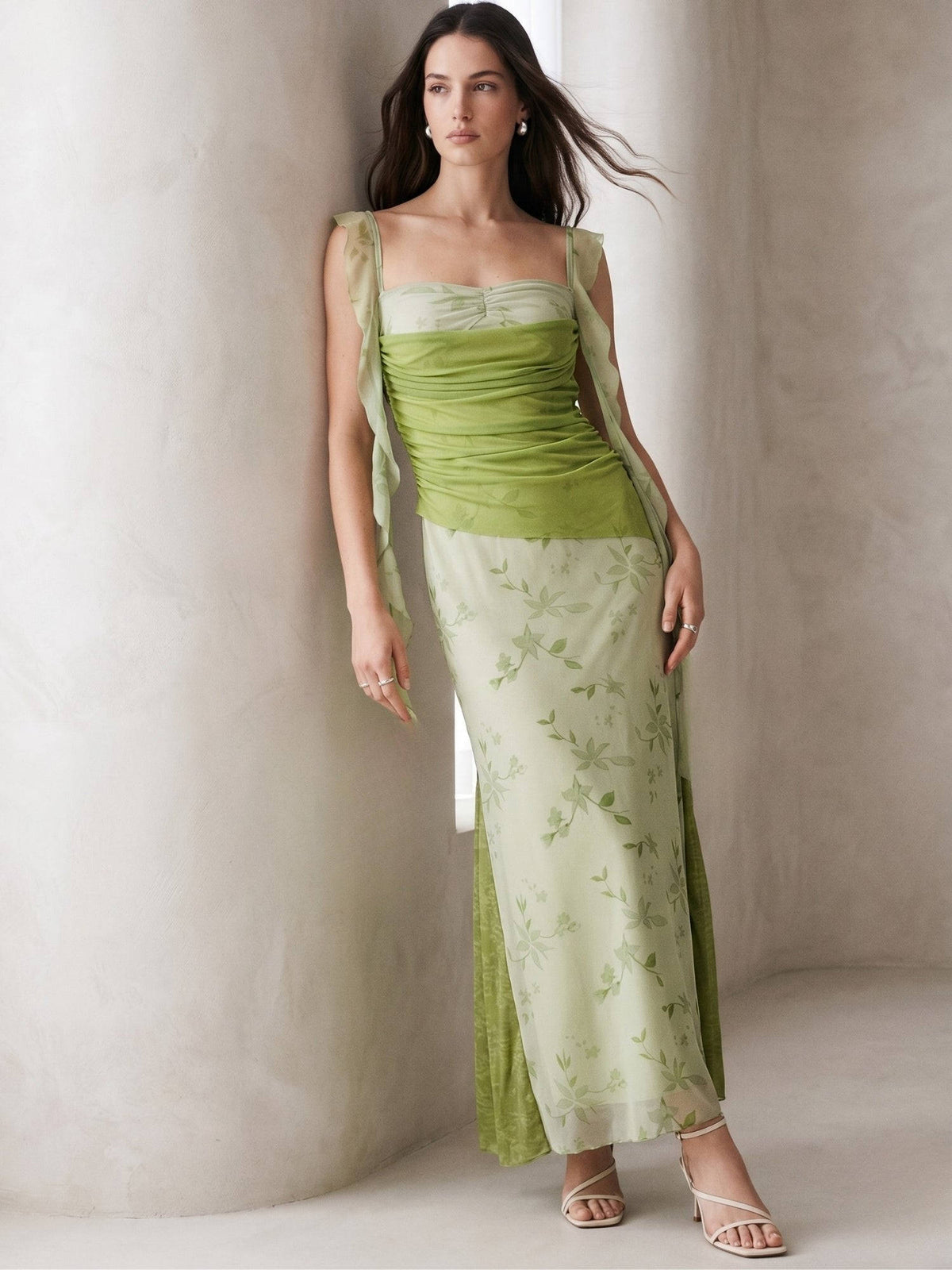 Green Floral Printed Mesh Dress | D56 - view 1