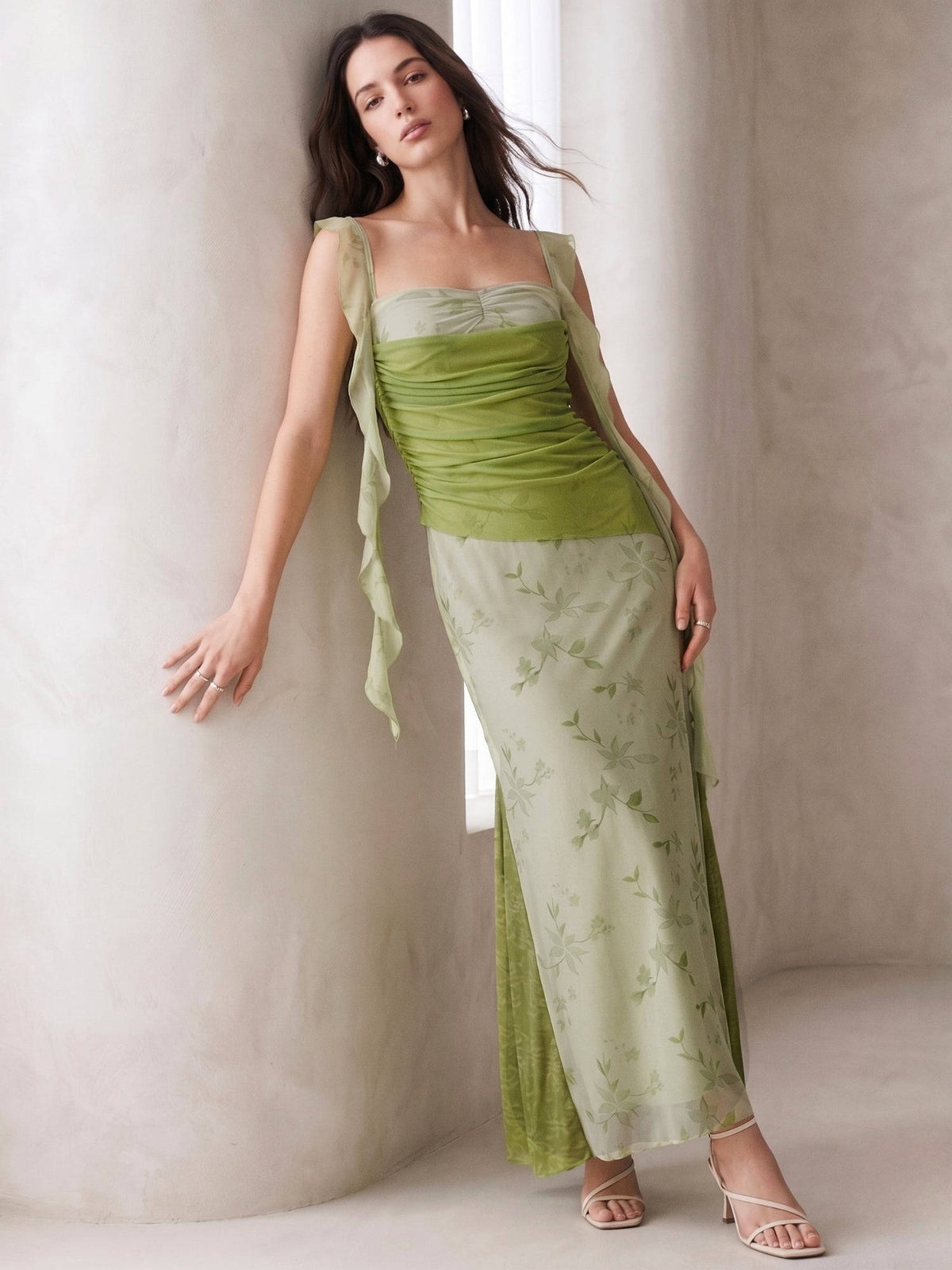 Green Floral Printed Mesh Dress | D56 - view 3