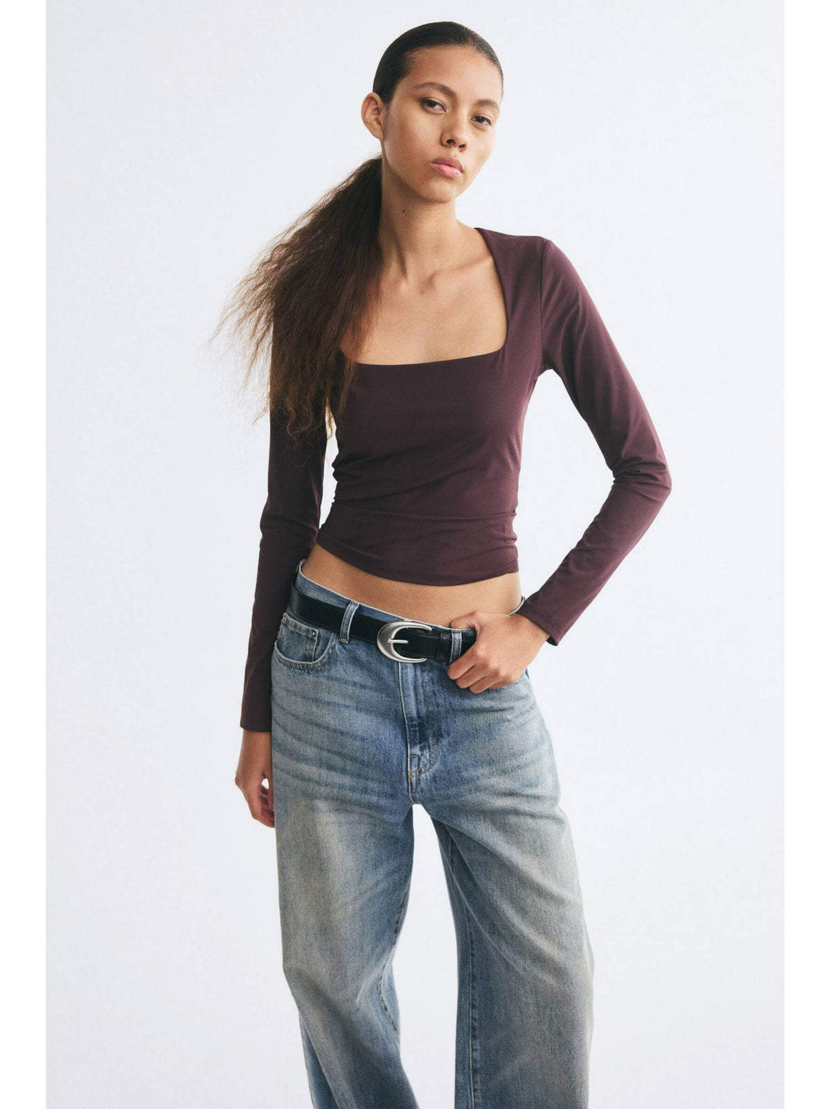 Women Burgundy Square-Neck Ponte Di Roma Crop Top | CT61 - view 1