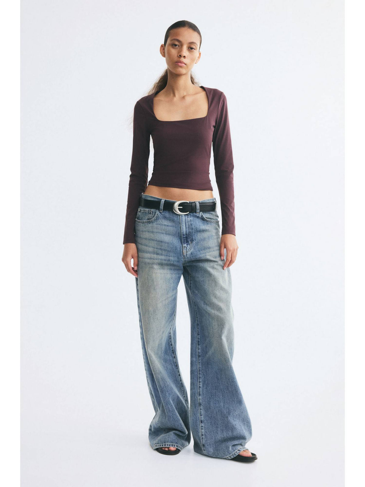 Women Burgundy Square-Neck Ponte Di Roma Crop Top | CT61 - view 2