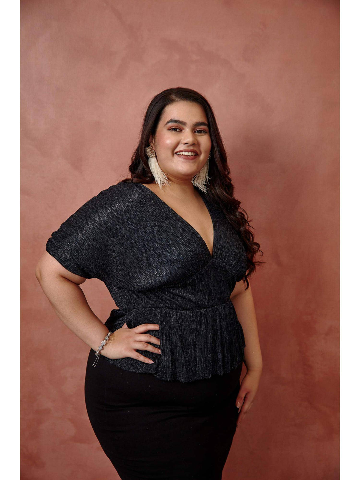 Blue Stellar Plisse Peplum Plus Size Top | pt51 - view 4