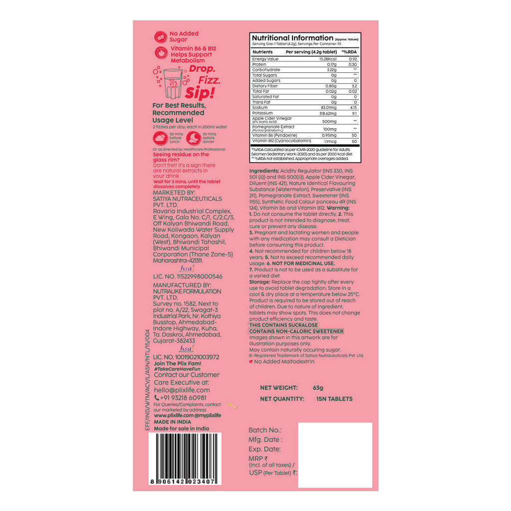 Apple Cider Vinegar Effervescent Tablet with Vitamin B6 & B12 - Watermelon | PL1 - view 2