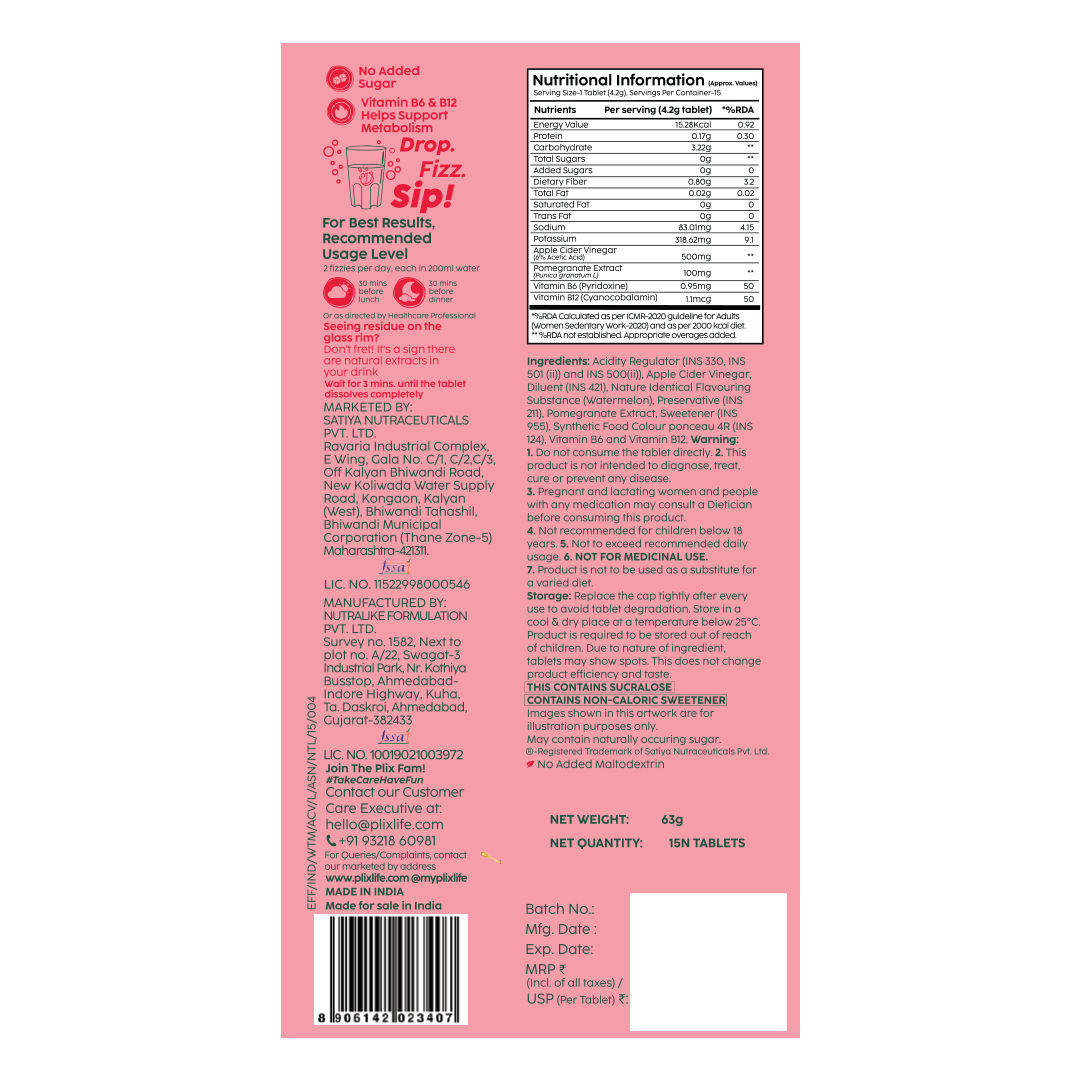 Apple Cider Vinegar Effervescent Tablet with Vitamin B6 & B12 - Watermelon | PL1 - view 2