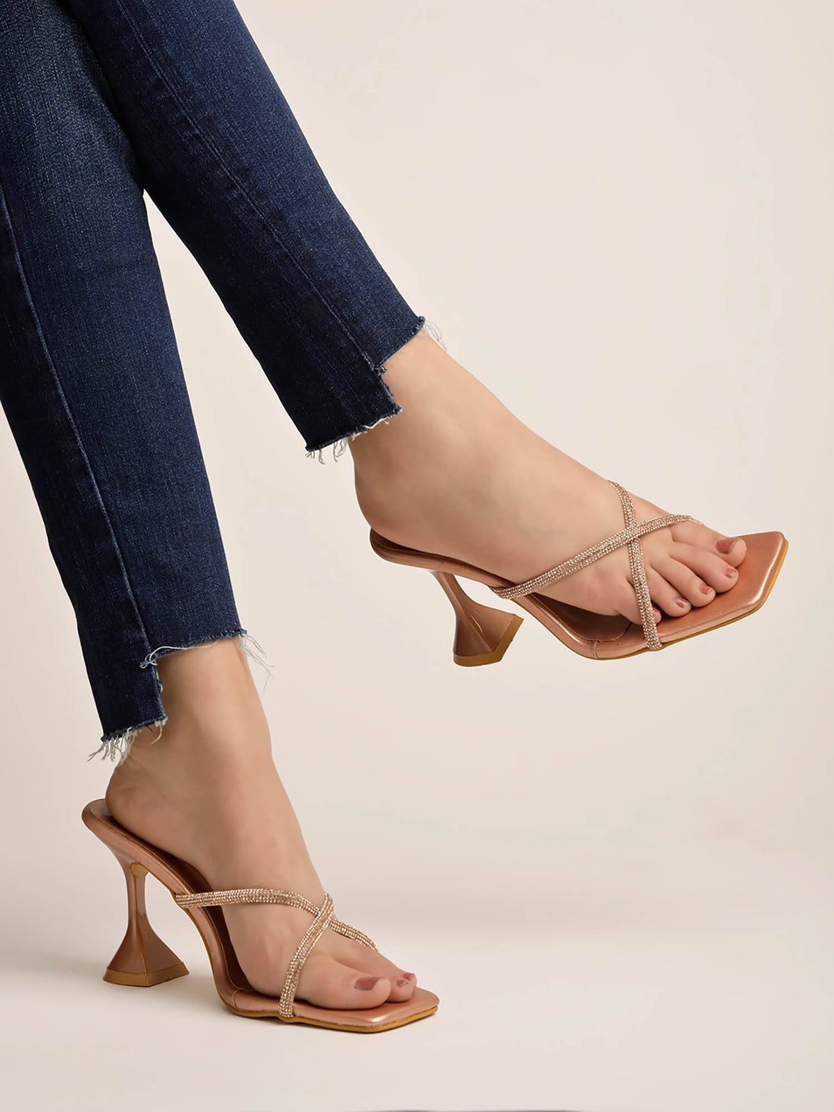 Upper Embellished Strap Rose-Gold Heels for Women & Girls | H78 - view 1