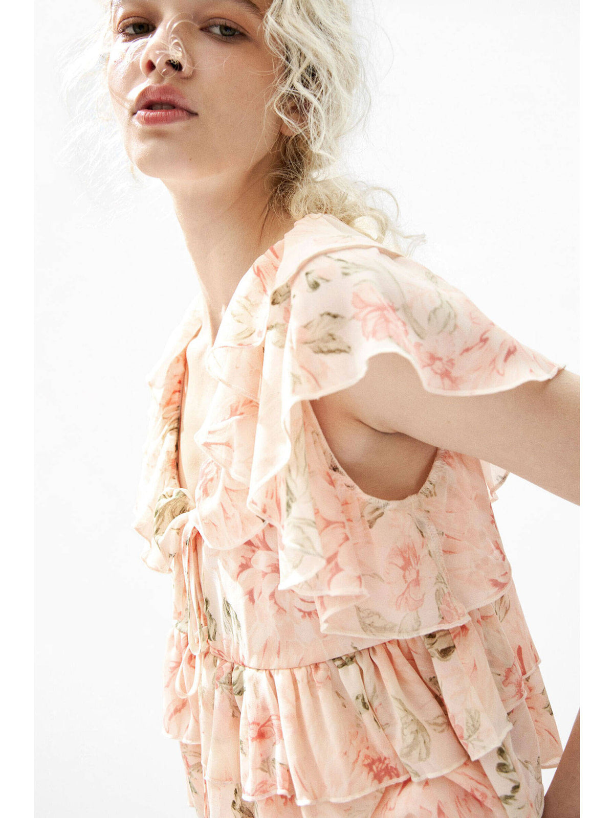 Women Blue Flounced Tie-Front Blouse | S67 - view 7