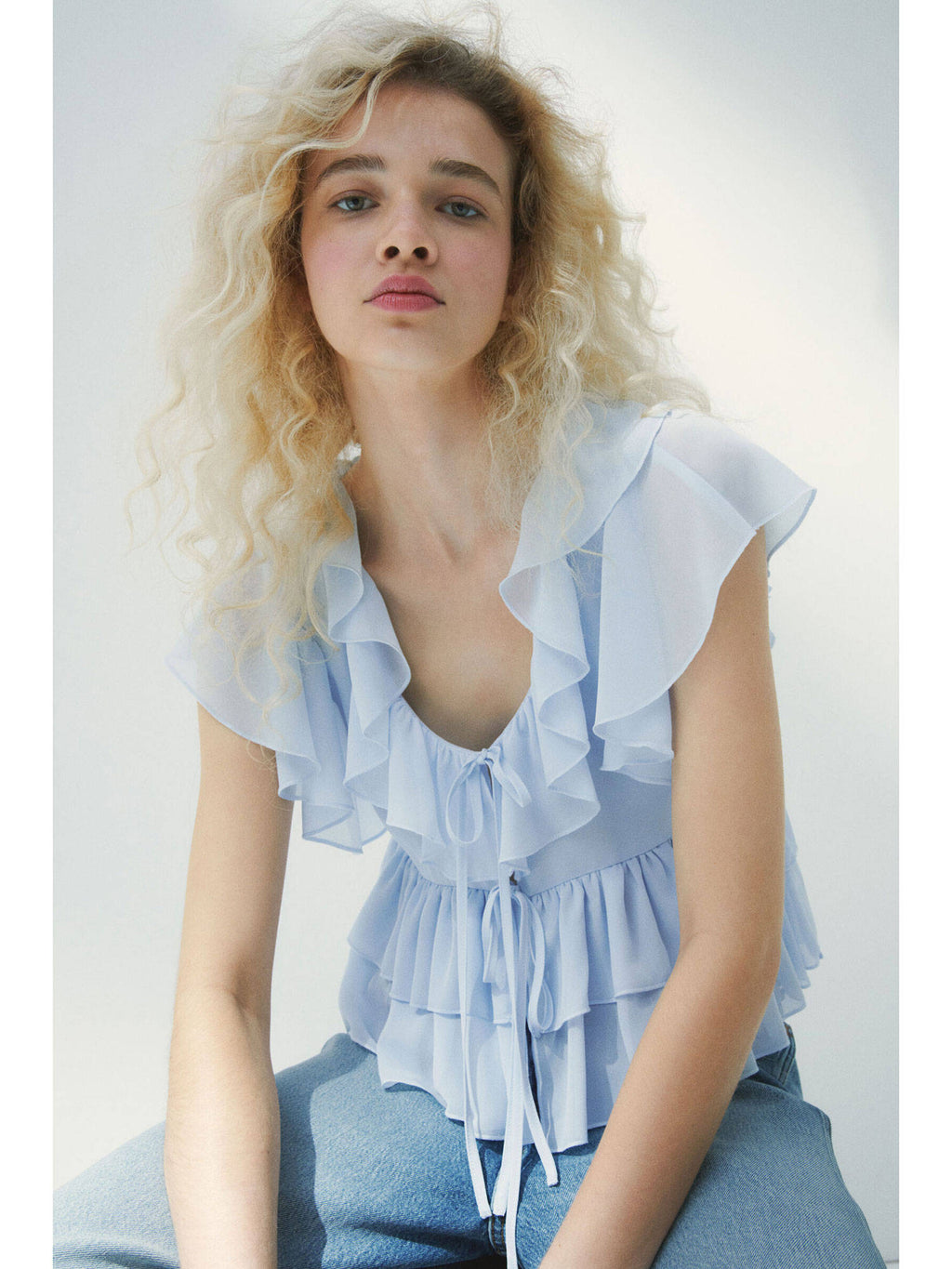 Women Blue Flounced Tie-Front Blouse | S67 - view 1