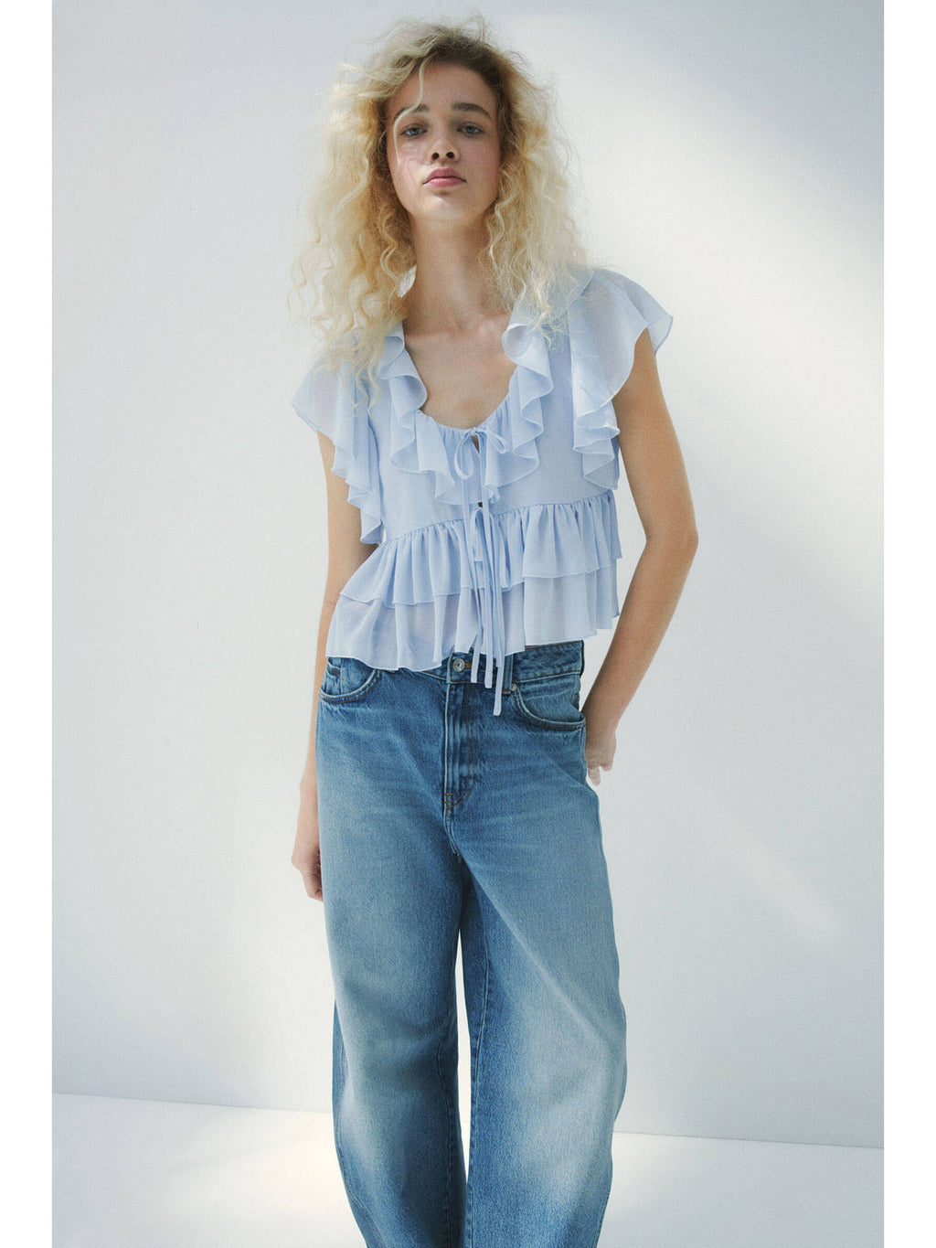 Women Blue Flounced Tie-Front Blouse | S67 - view 2