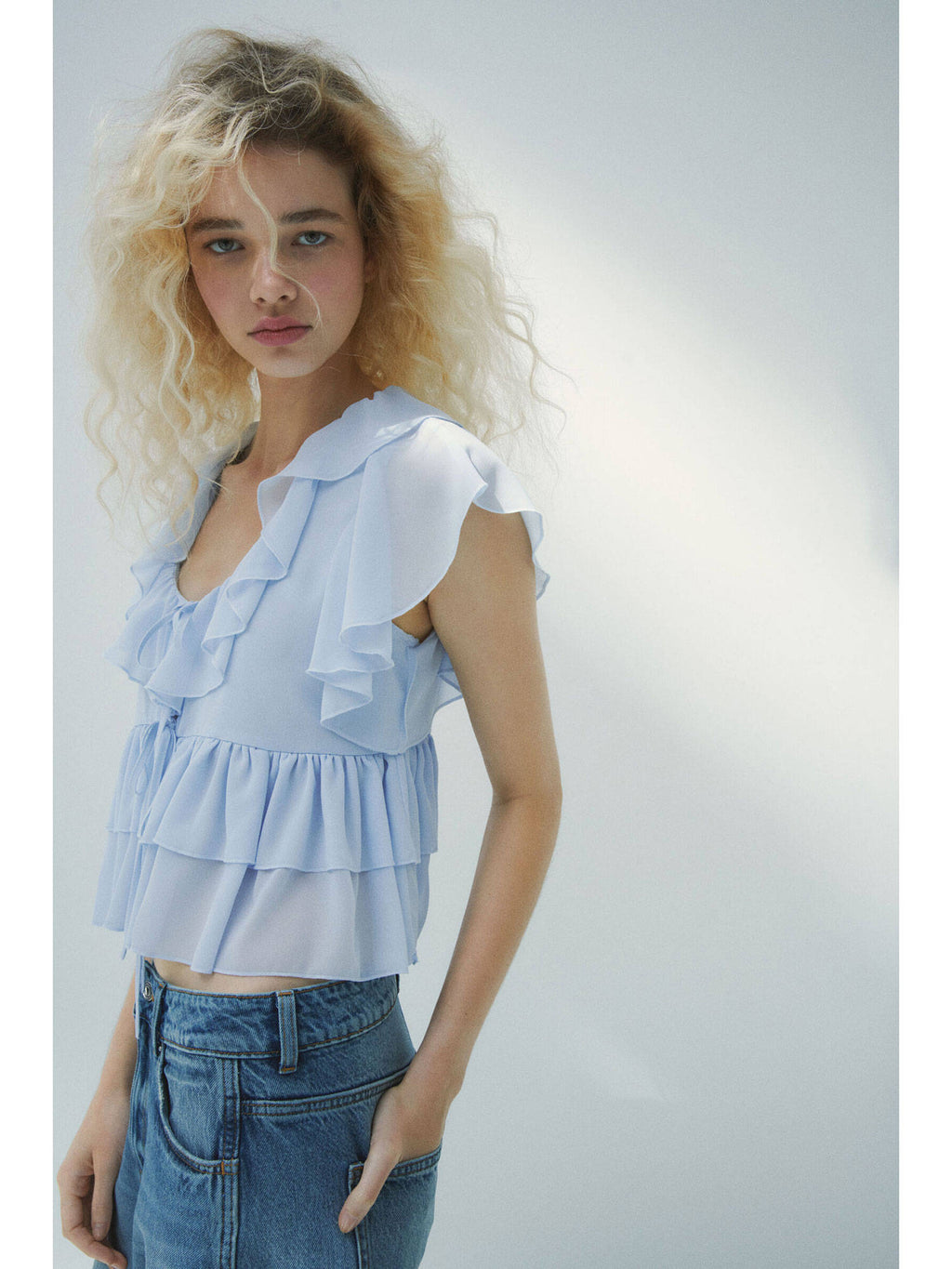 Women Blue Flounced Tie-Front Blouse | S67 - view 3