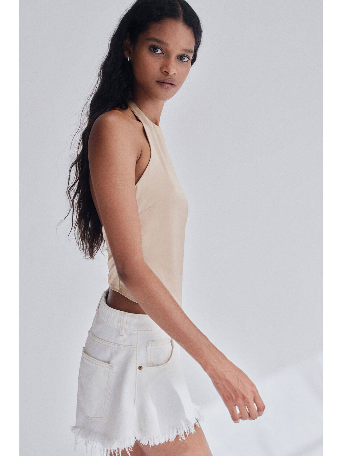 Women Beige Asymmetric Halter Neck Top | HT67 - view 1