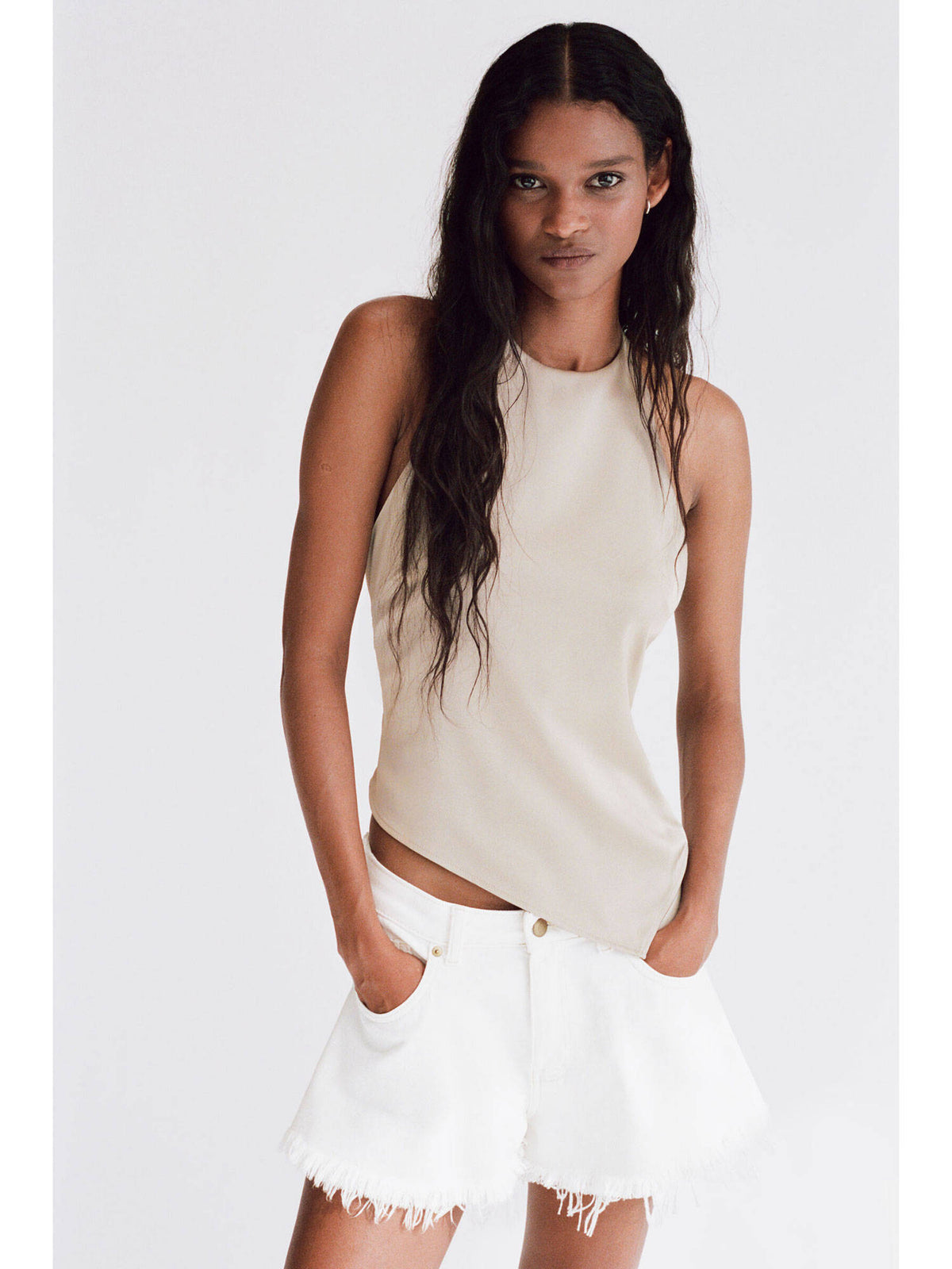 Women Beige Asymmetric Halter Neck Top | HT67 - view 3