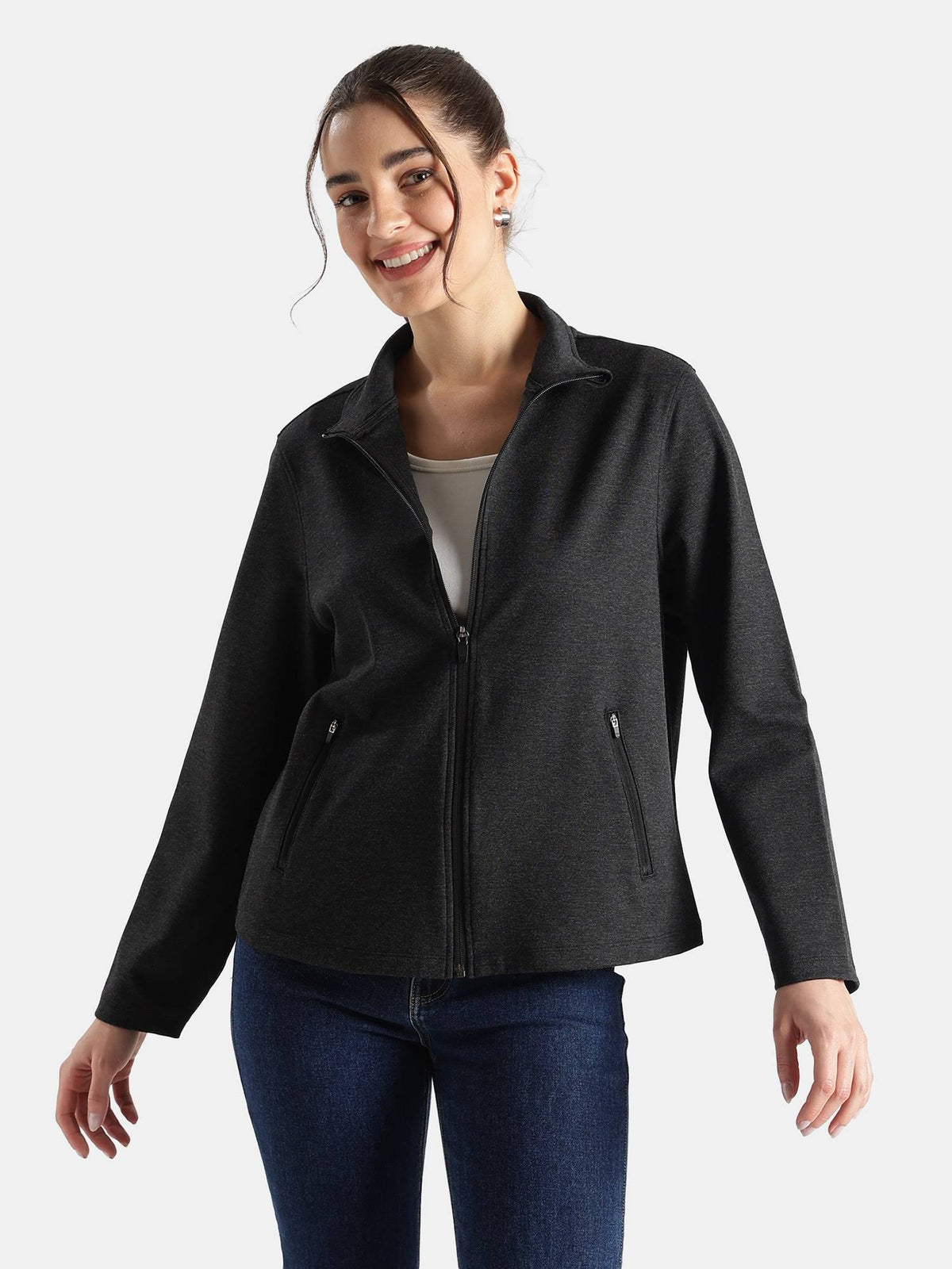 A193 Women Rayon Nylon Elastane Stretch Relaxed Fit Jacket Black Melange | JC78 - view 1