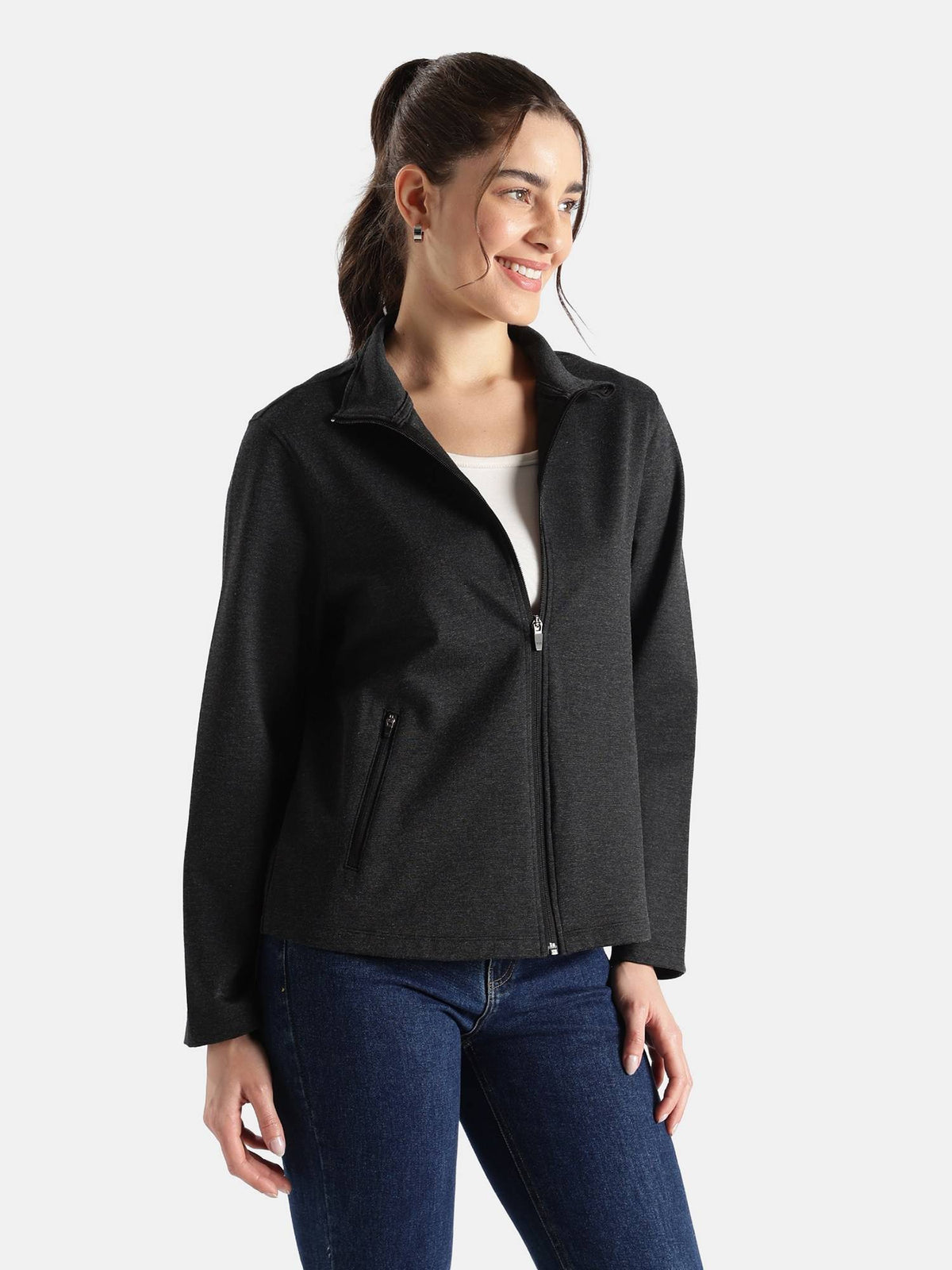 A193 Women Rayon Nylon Elastane Stretch Relaxed Fit Jacket Black Melange | JC78 - view 2