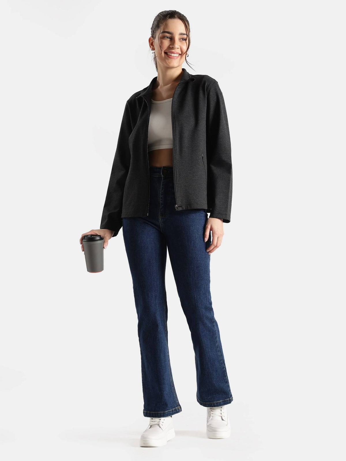 A193 Women Rayon Nylon Elastane Stretch Relaxed Fit Jacket Black Melange | JC78 - view 4