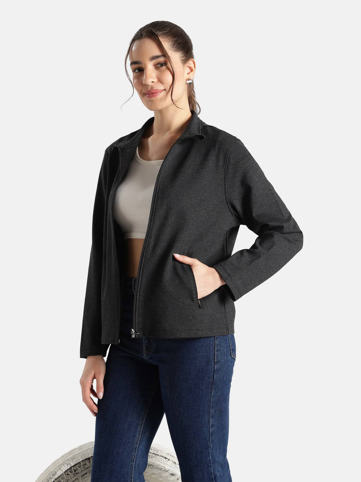A193 Women Rayon Nylon Elastane Stretch Relaxed Fit Jacket Black Melange | JC78 - view 5