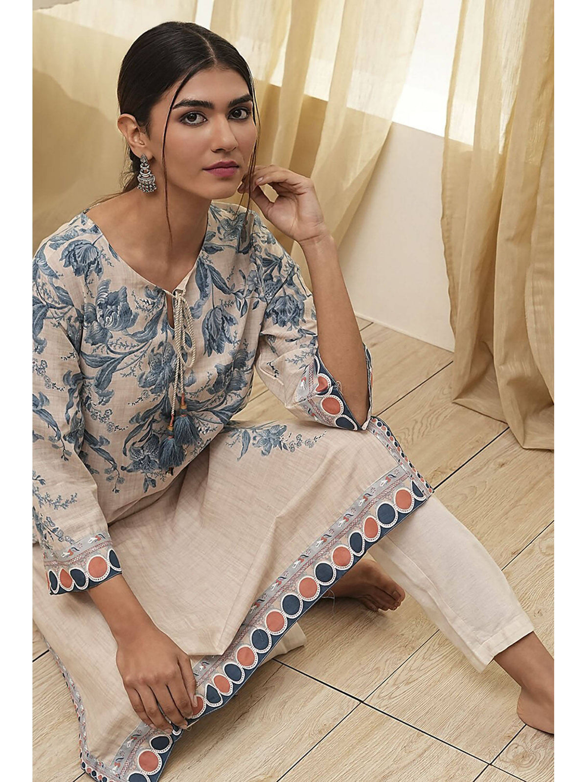 Blue Cotton Round Neck Kurta | U3S - view 5