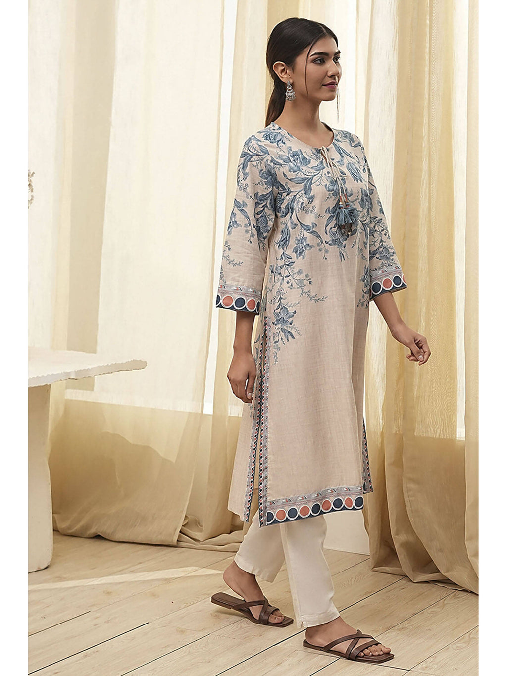 Blue Cotton Round Neck Kurta | U3S - view 1