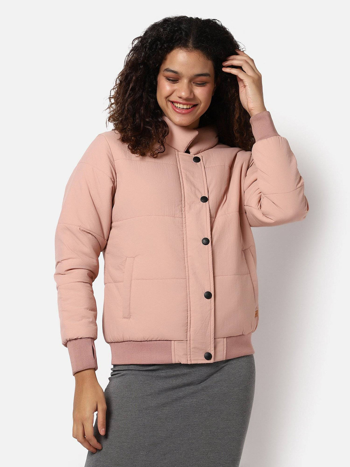 Womens Solid Puffer Jacket Pink | JC78 - view 1