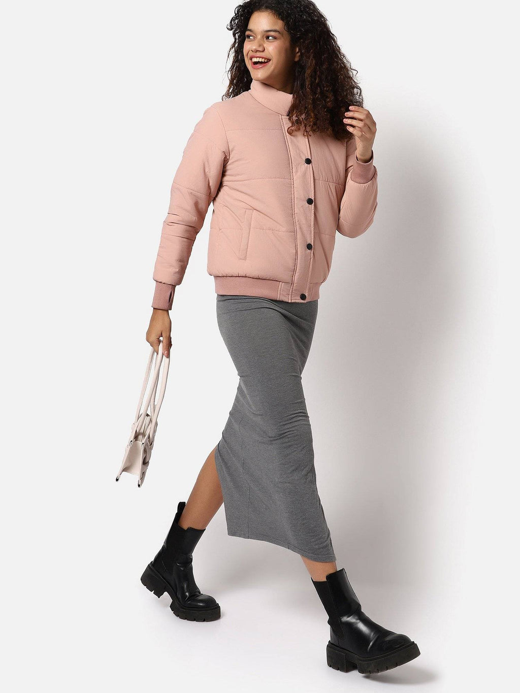 Womens Solid Puffer Jacket Pink | JC78 - view 5