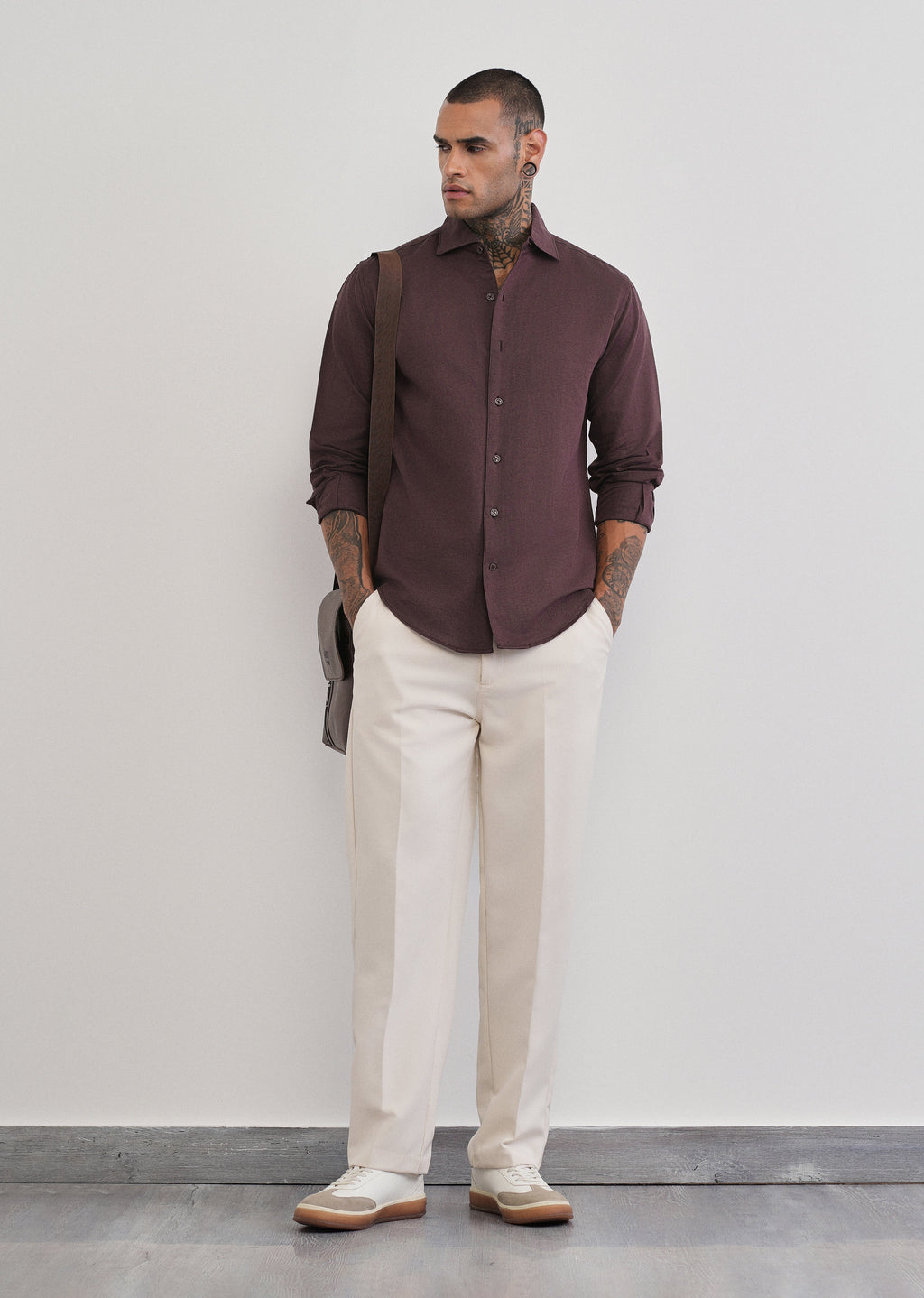 Wine Plain Cotton Linen Shirt